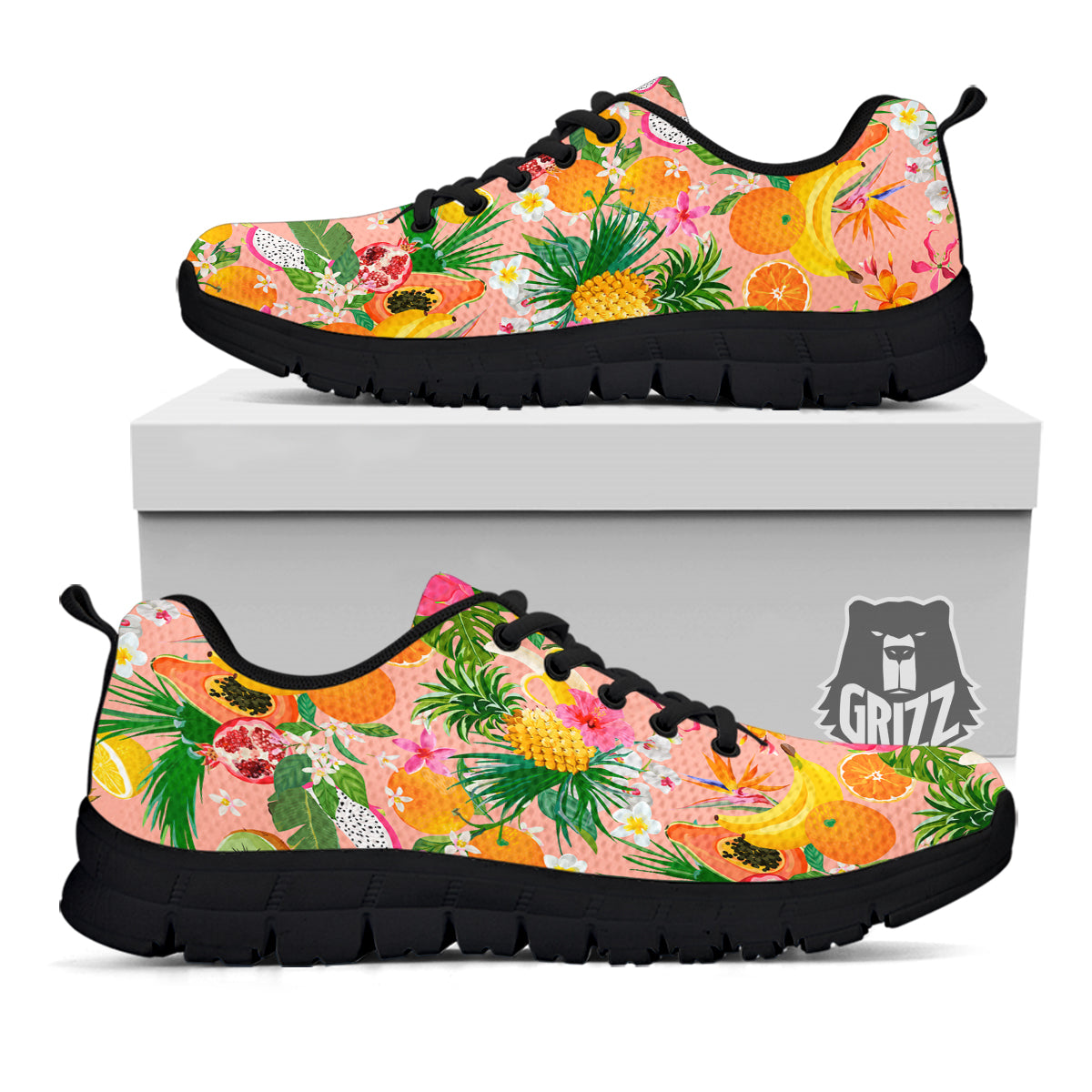 Fruit Leaf Tropical Print Pattern Black Sneaker-grizzshop