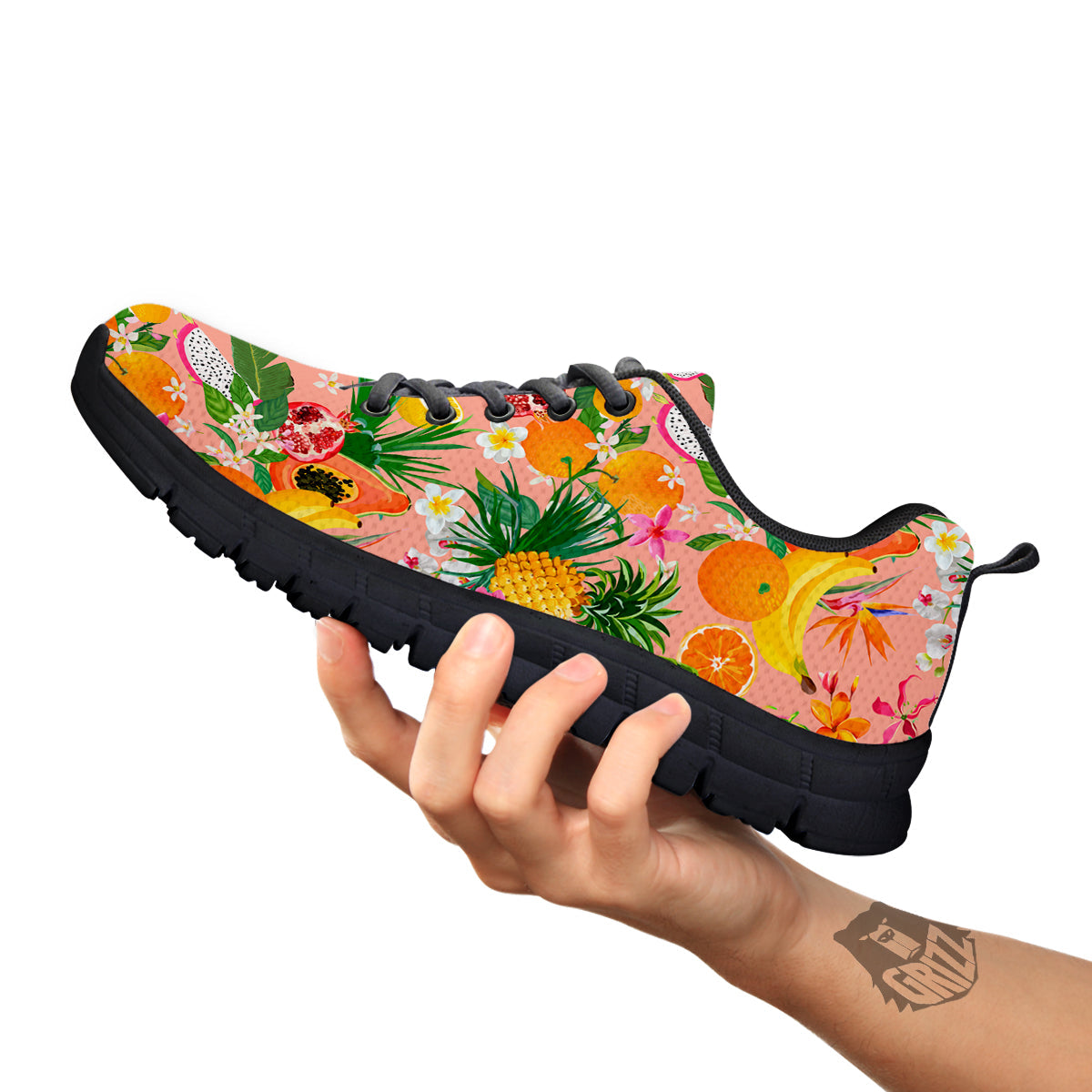 Fruit Leaf Tropical Print Pattern Black Sneaker-grizzshop