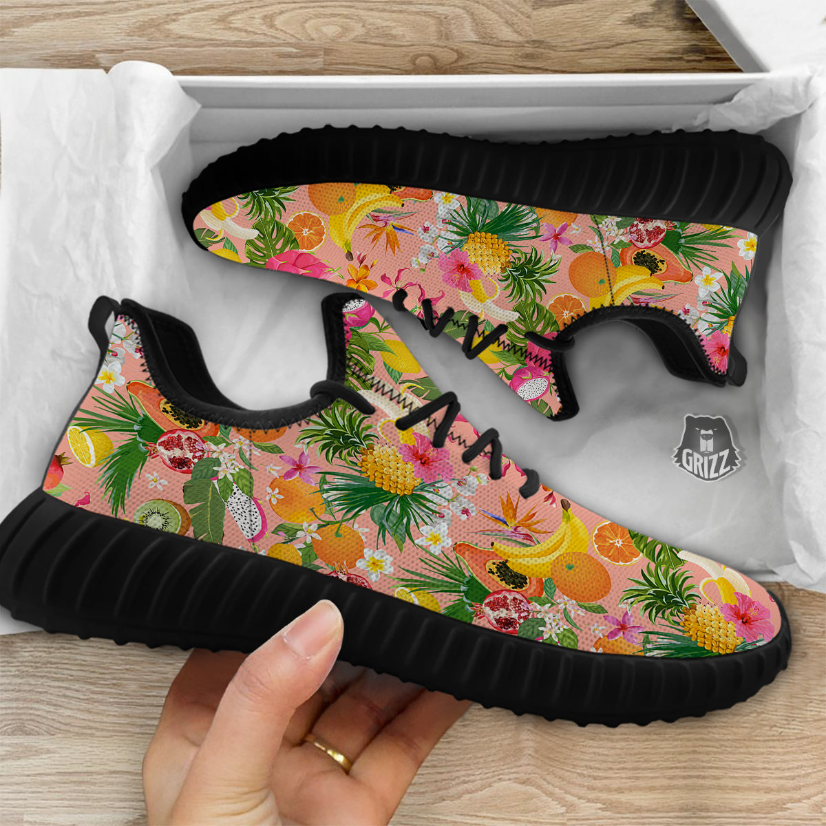 Fruit Leaf Tropical Print Pattern Black Walking Shoes-grizzshop