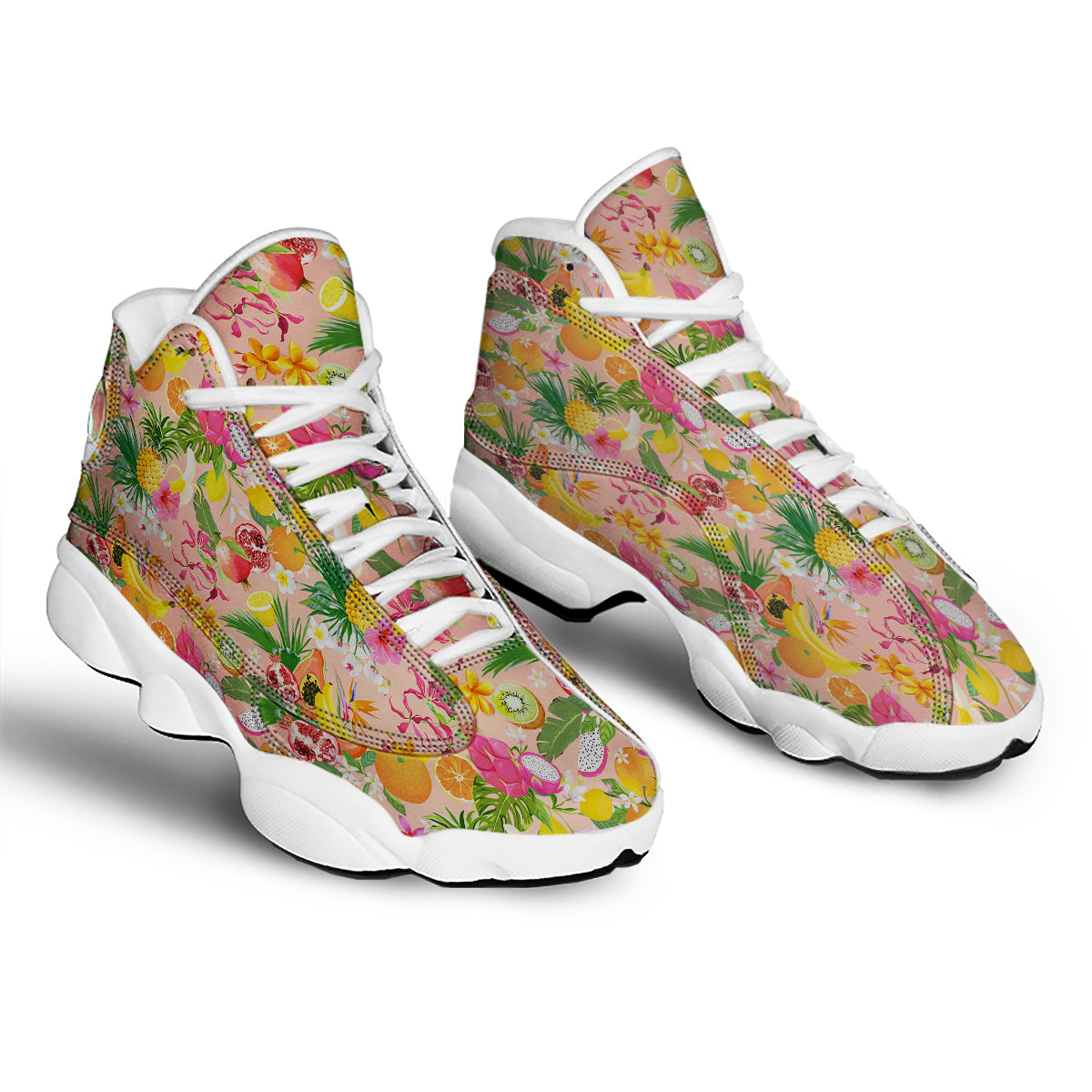 Fruit Leaf Tropical Print Pattern White Basketball Shoes-grizzshop