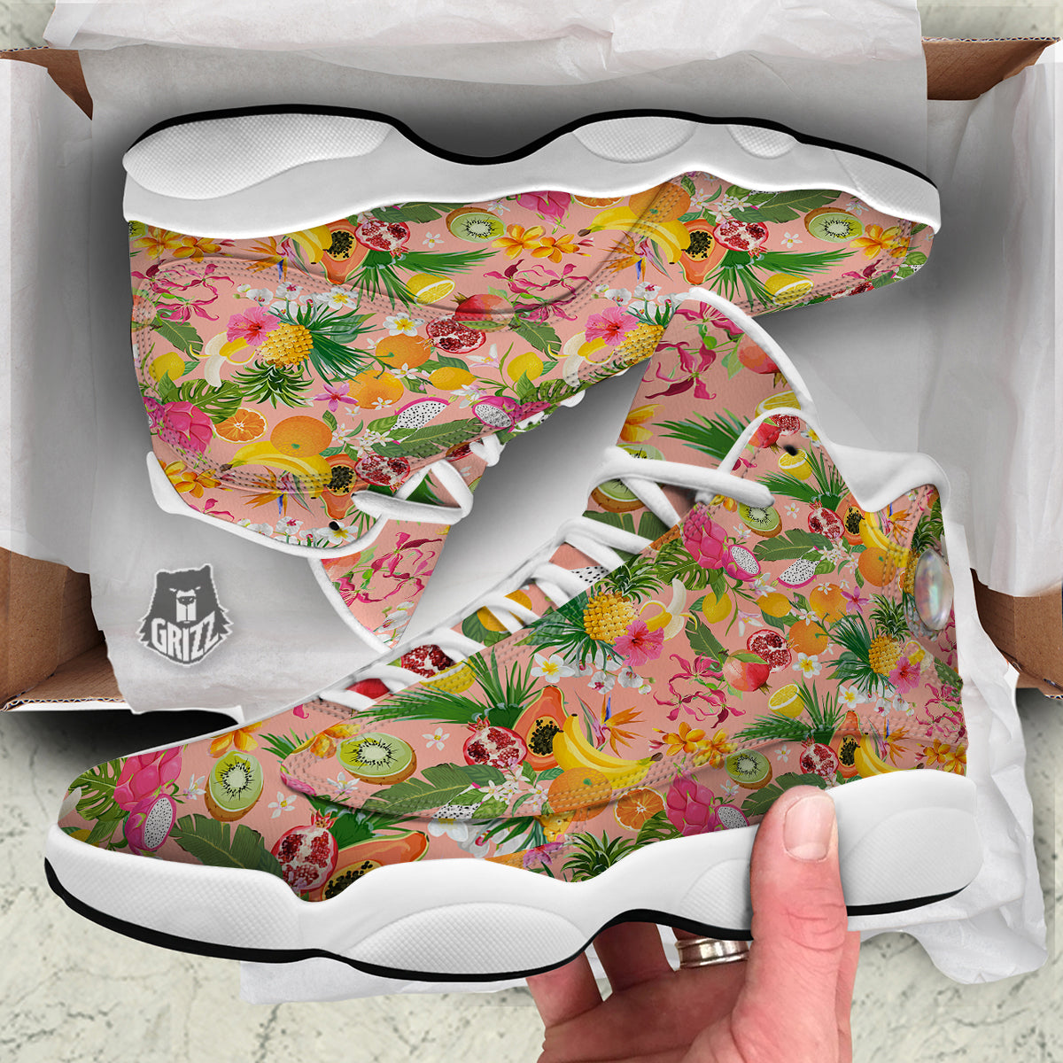 Fruit Leaf Tropical Print Pattern White Basketball Shoes-grizzshop