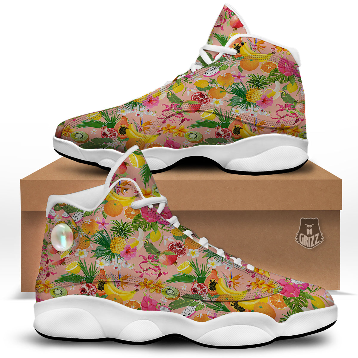 Fruit Leaf Tropical Print Pattern White Basketball Shoes-grizzshop