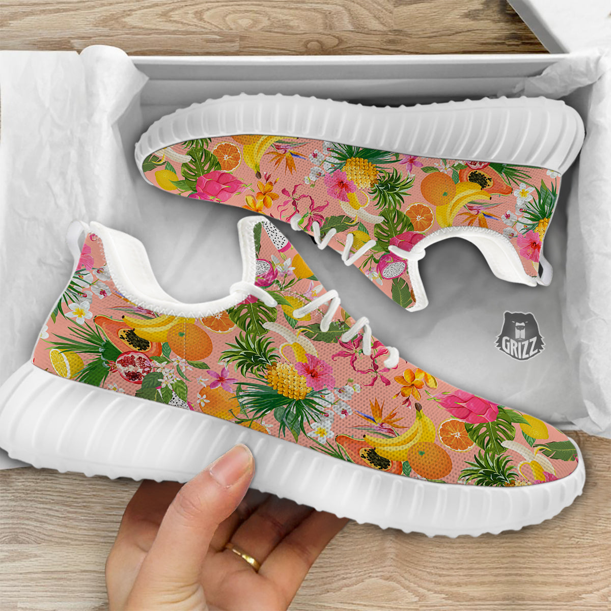 Fruit Leaf Tropical Print Pattern White Walking Shoes-grizzshop