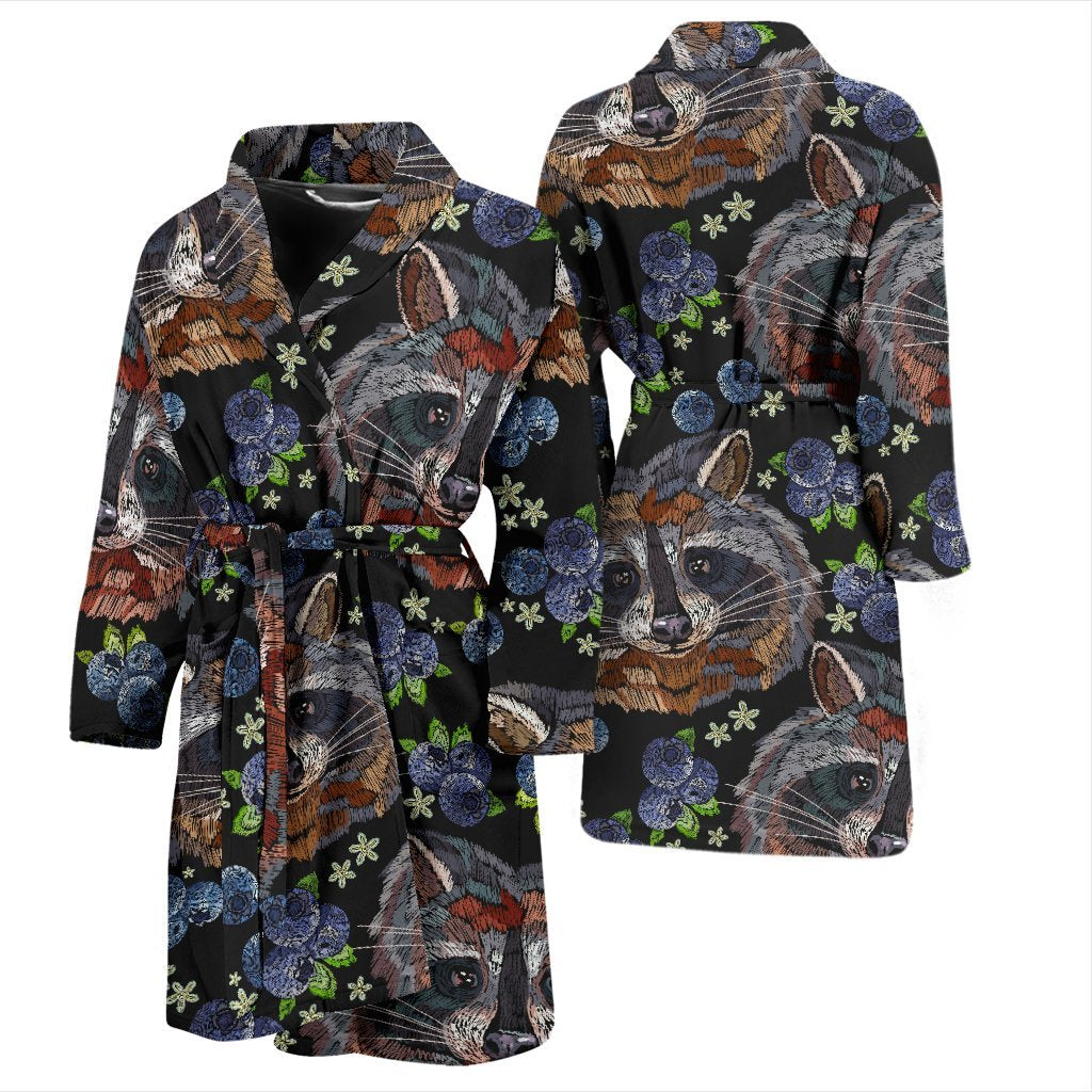 Fruit Raccoon Pattern Print Men Long Robe-grizzshop