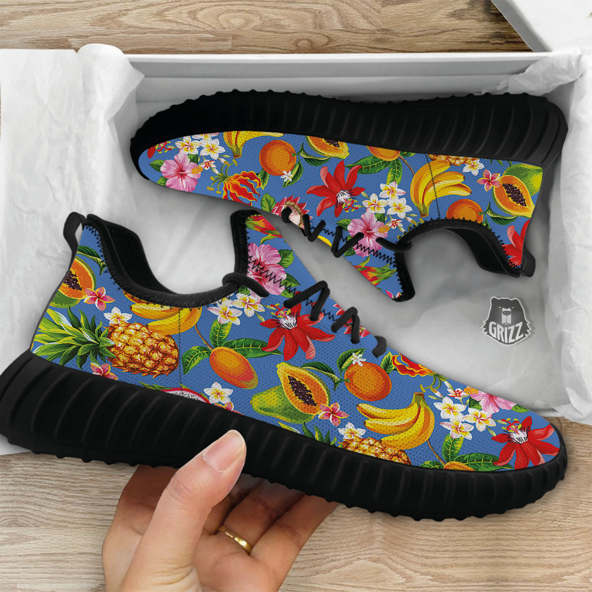 Fruits Aloha Tropical Print Pattern Black Walking Shoes-grizzshop