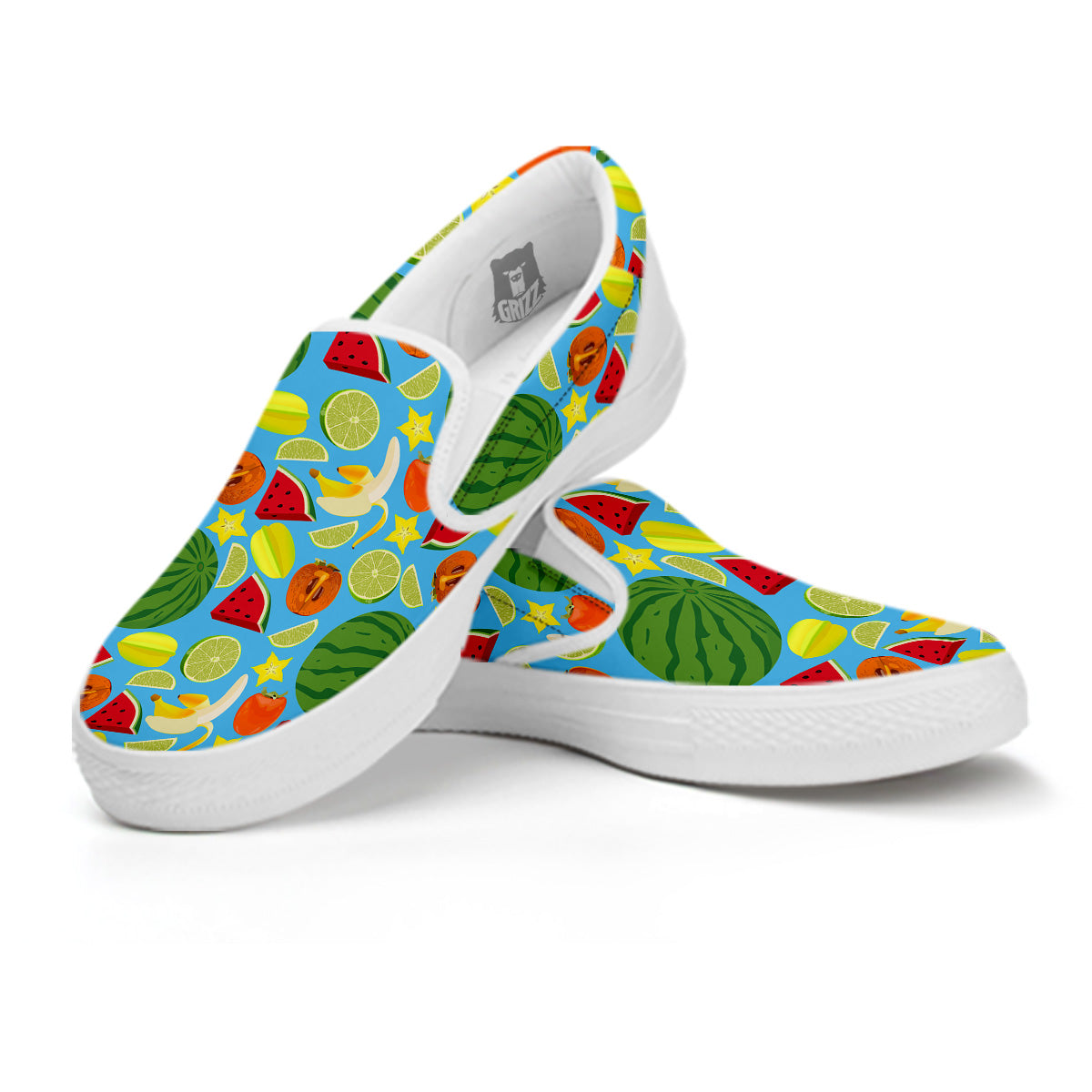 Fruits Depicting Print Pattern White Slip On Shoes-grizzshop
