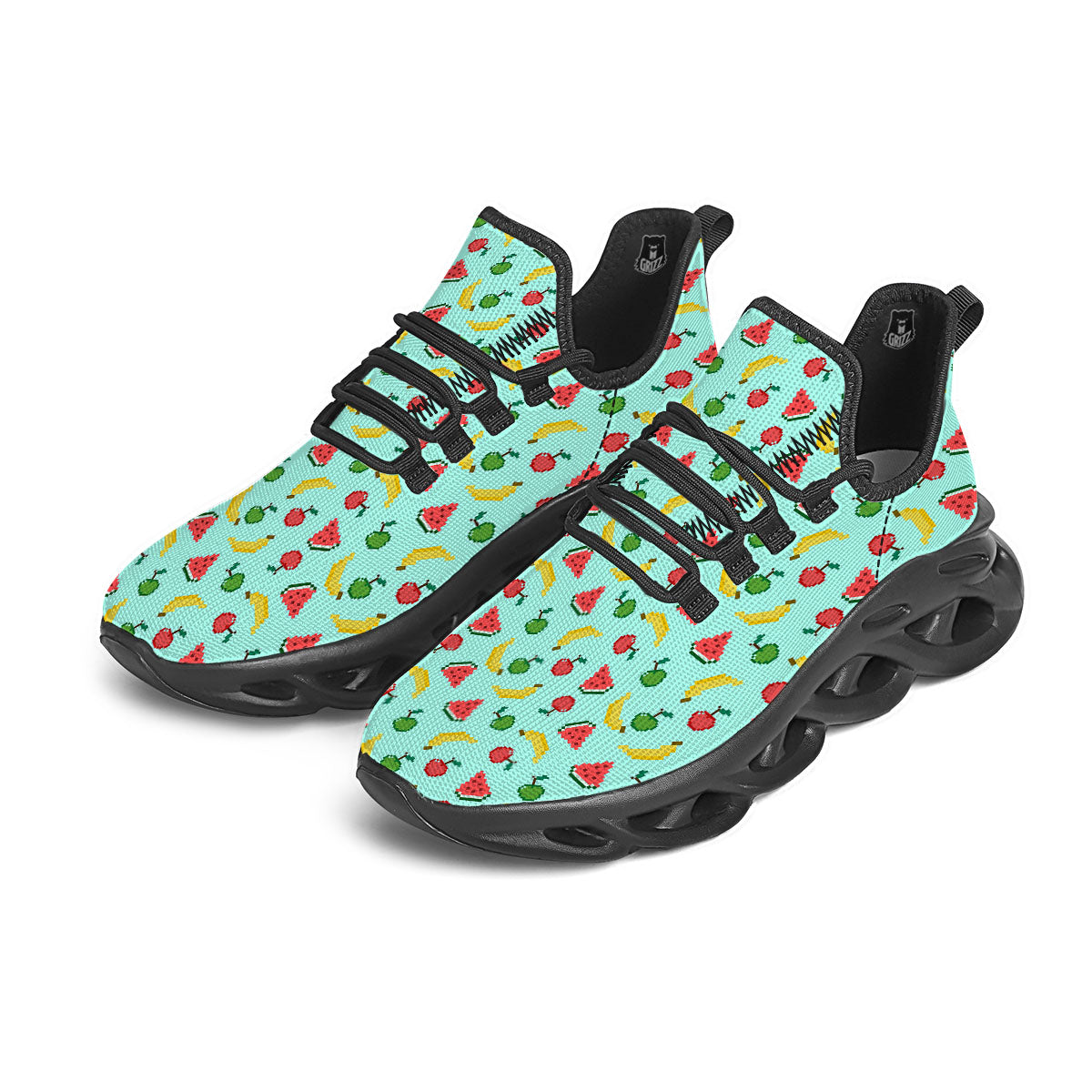 Fruits Pixel Print Pattern Black Running Shoes-grizzshop
