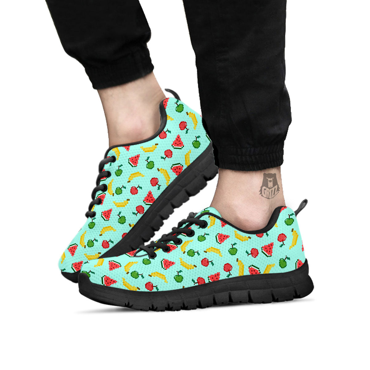 Fruits Pixel Print Pattern Black Sneaker-grizzshop