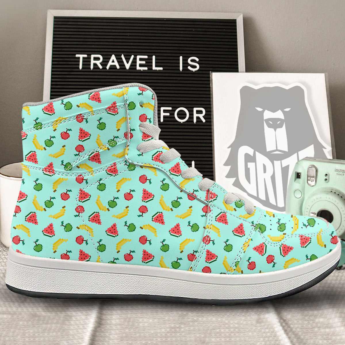 Fruits Pixel Print Pattern High Top Sneakers-grizzshop