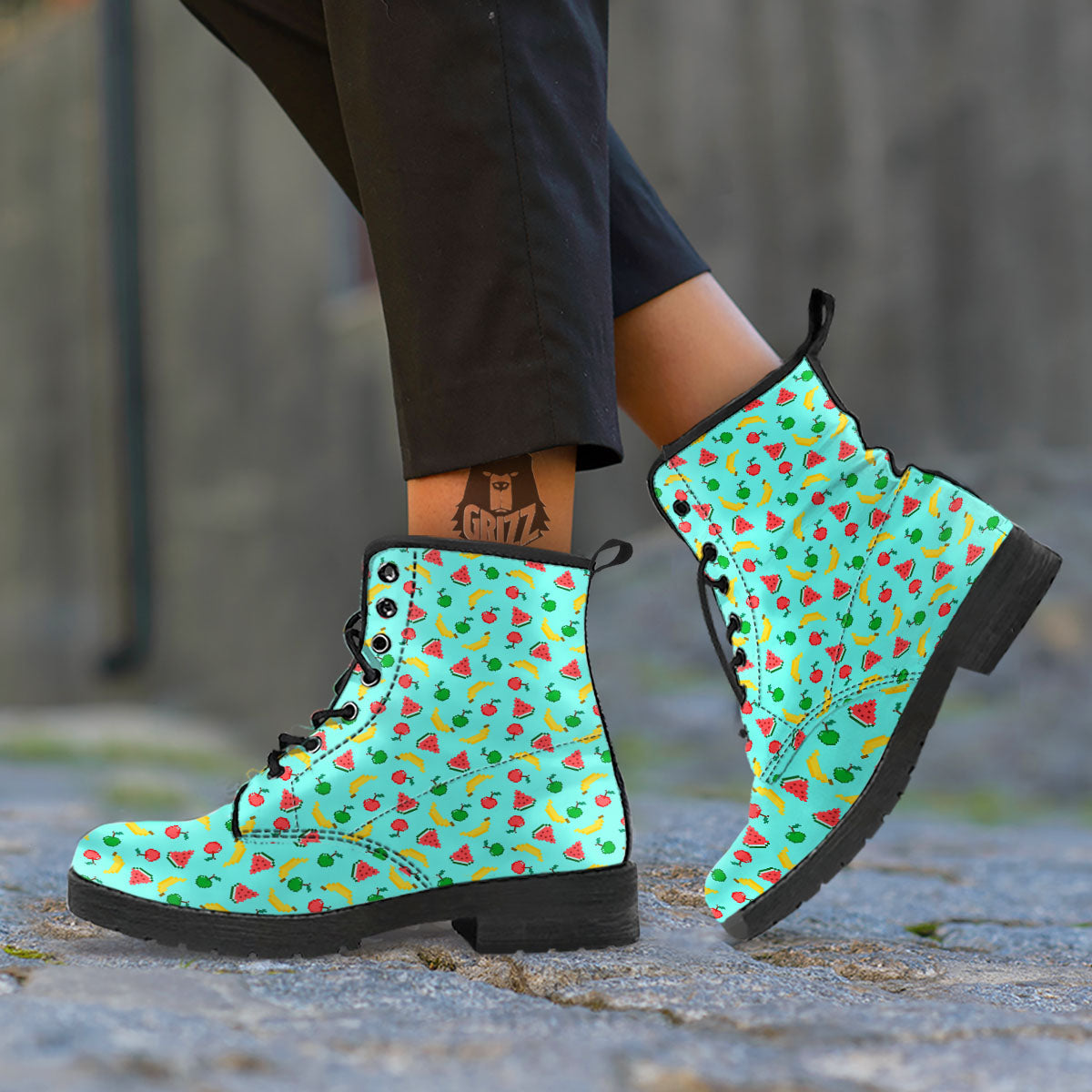 Fruits Pixel Print Pattern Leather Boots-grizzshop