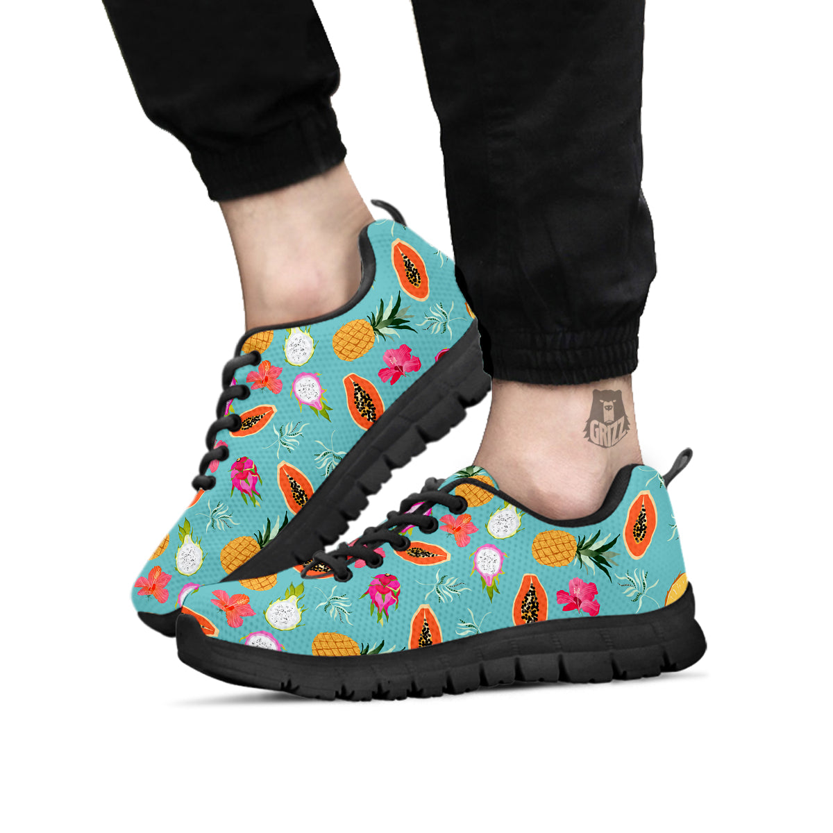 Fruits Turquoise Hawaiian Print Pattern Black Sneaker-grizzshop