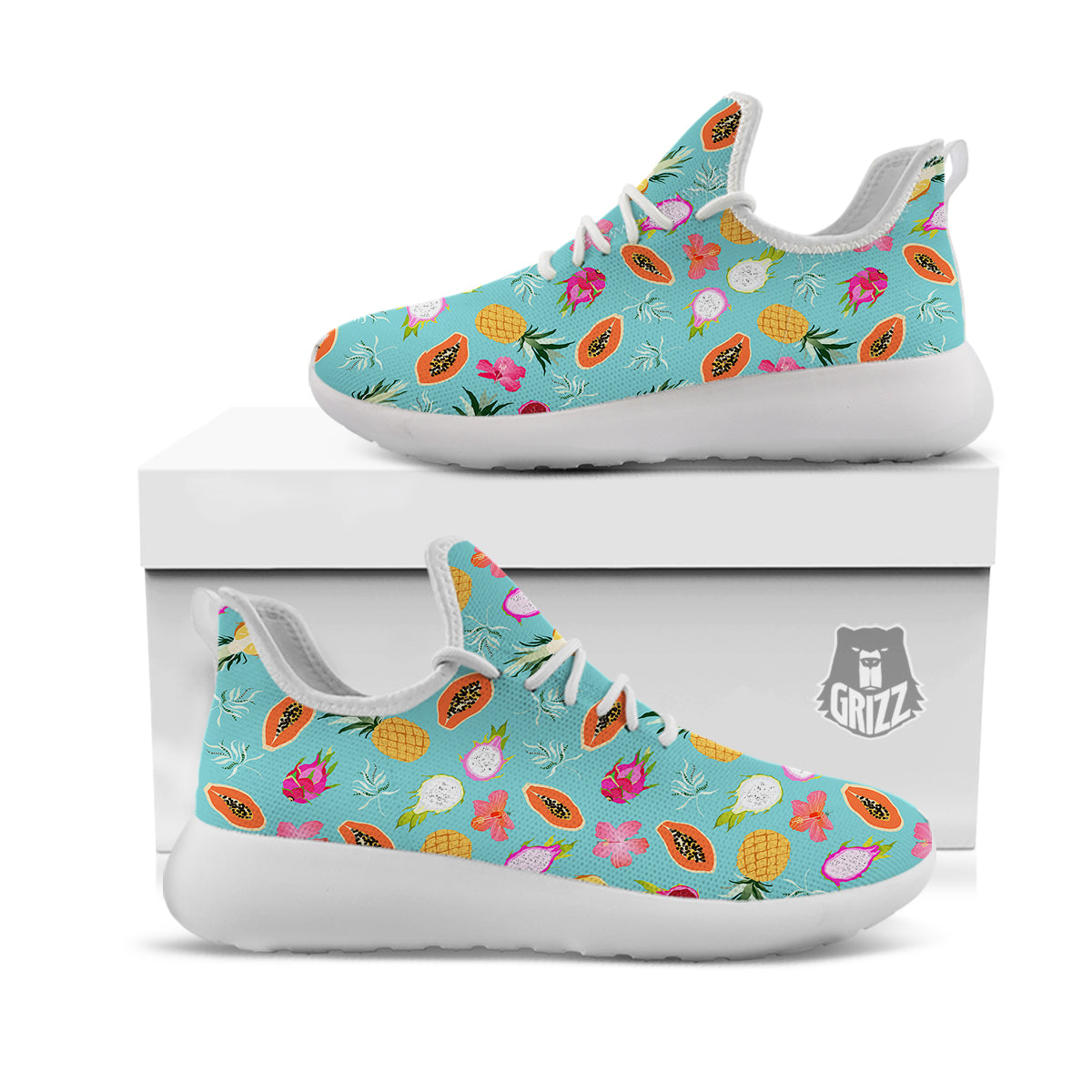 Fruits Turquoise Hawaiian Print Pattern White Athletic Shoes-grizzshop