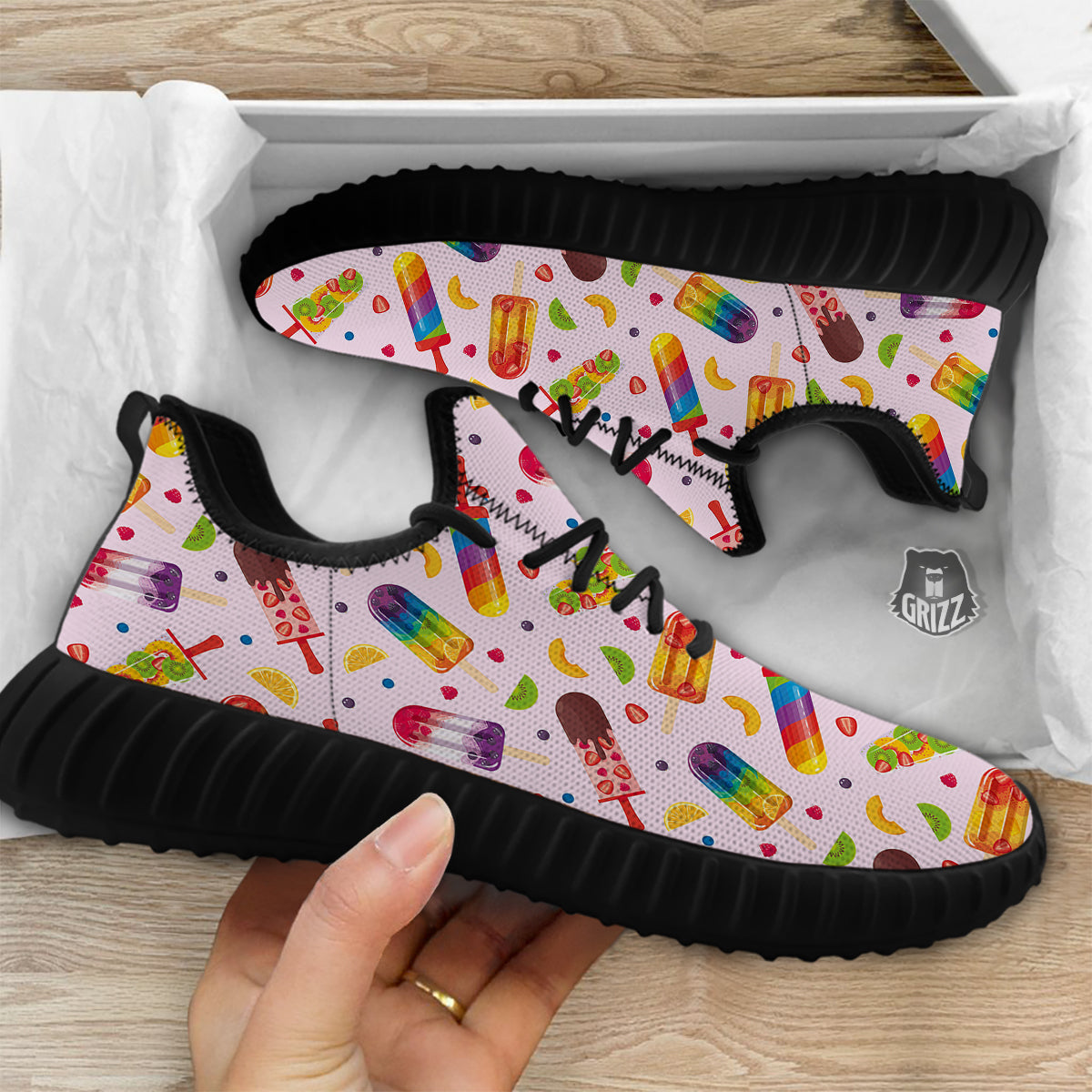 Fruity Ice Cream Print Pattern Black Walking Shoes-grizzshop