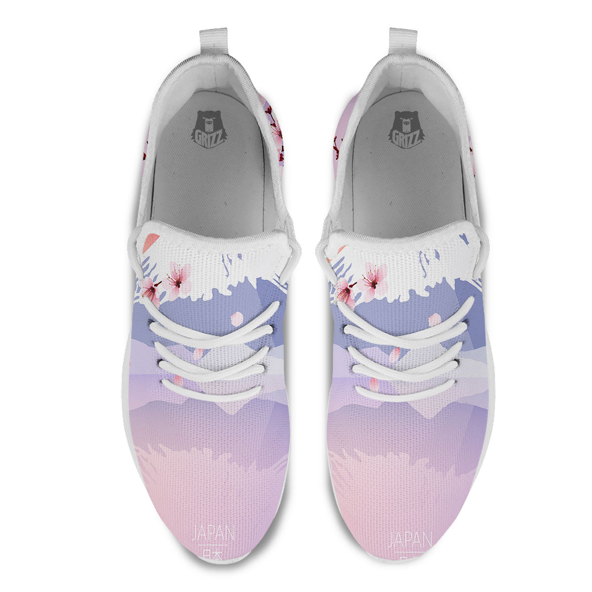 Fuji Mount And Cherry Blossom Print White Athletic Shoes-grizzshop