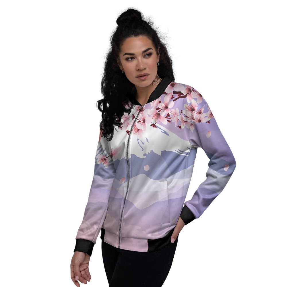 Fuji Mount And Cherry Blossom Print Women's Bomber Jacket-grizzshop