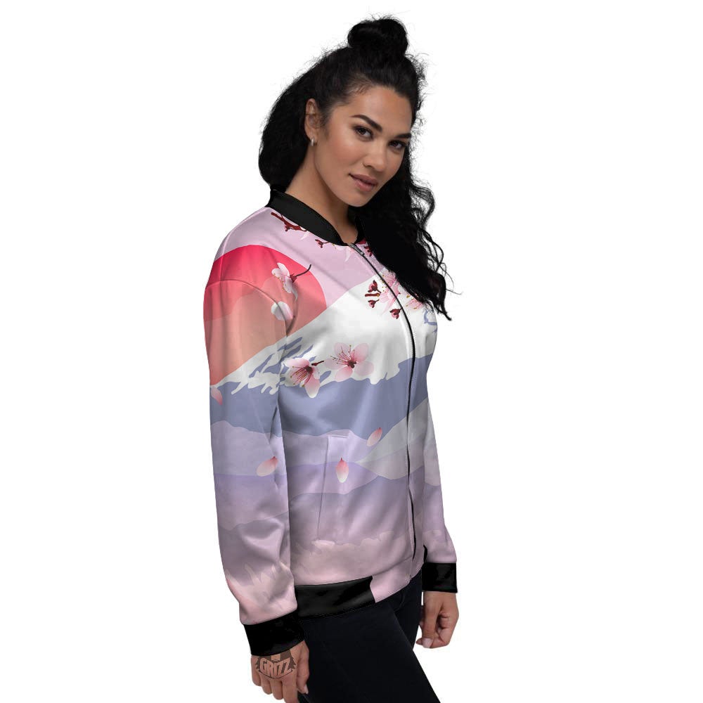 Fuji Mount And Cherry Blossom Print Women's Bomber Jacket-grizzshop