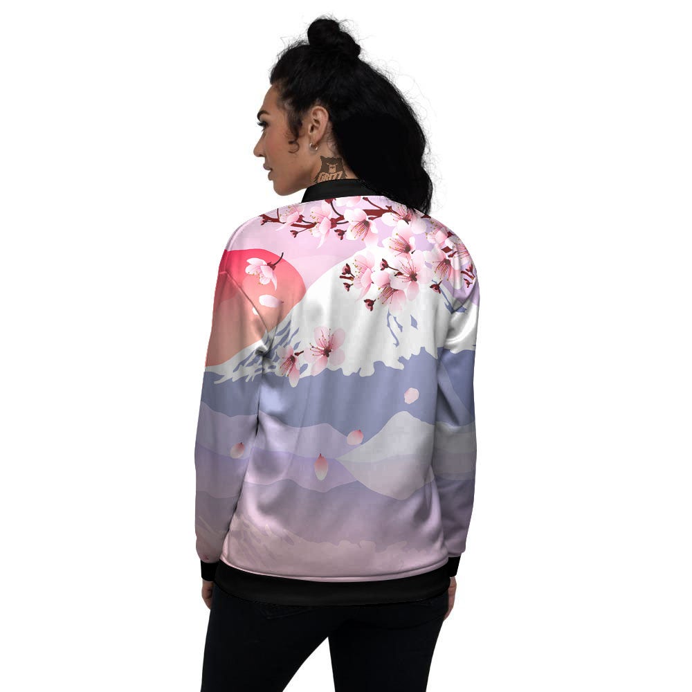 Fuji Mount And Cherry Blossom Print Women's Bomber Jacket-grizzshop