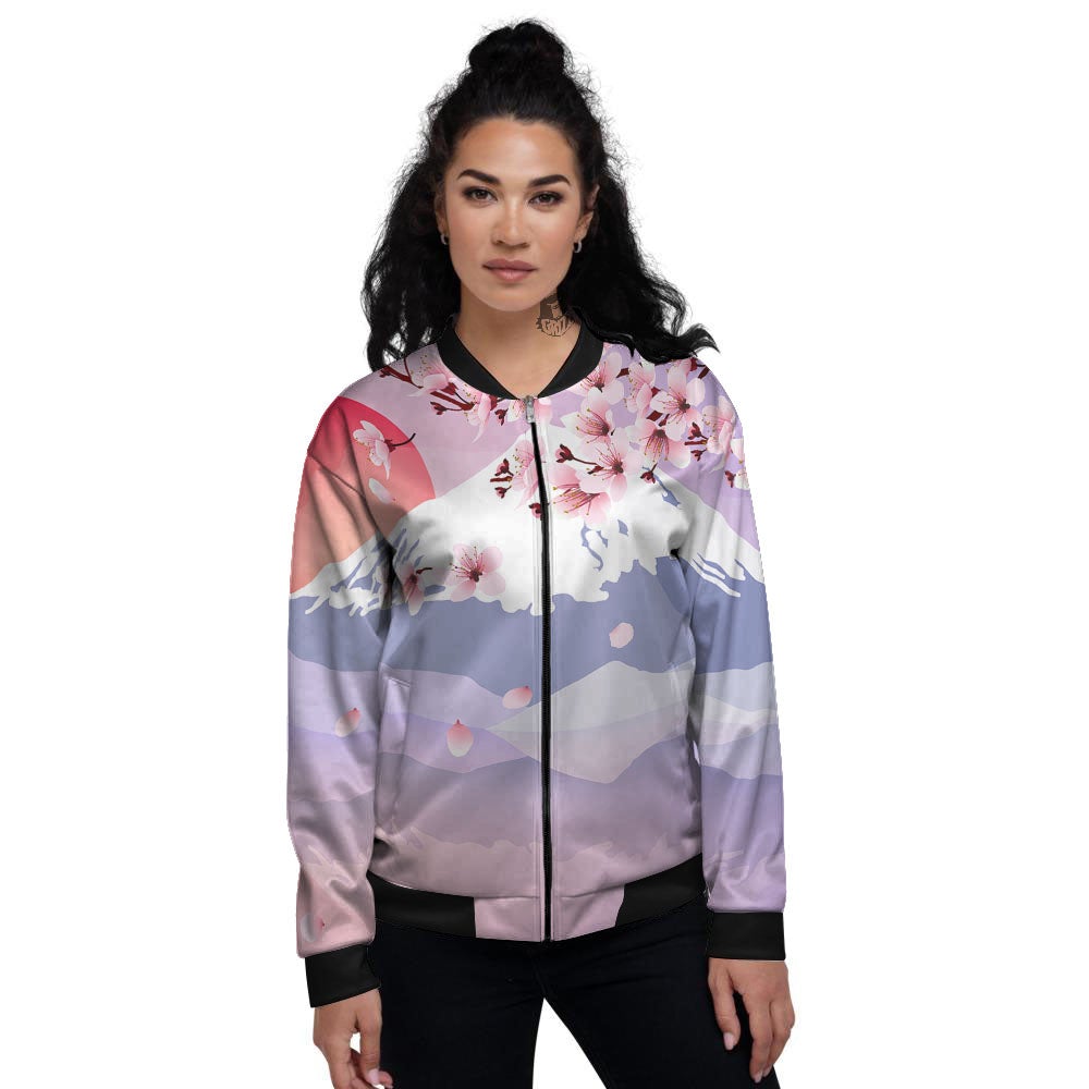 Fuji Mount And Cherry Blossom Print Women's Bomber Jacket-grizzshop