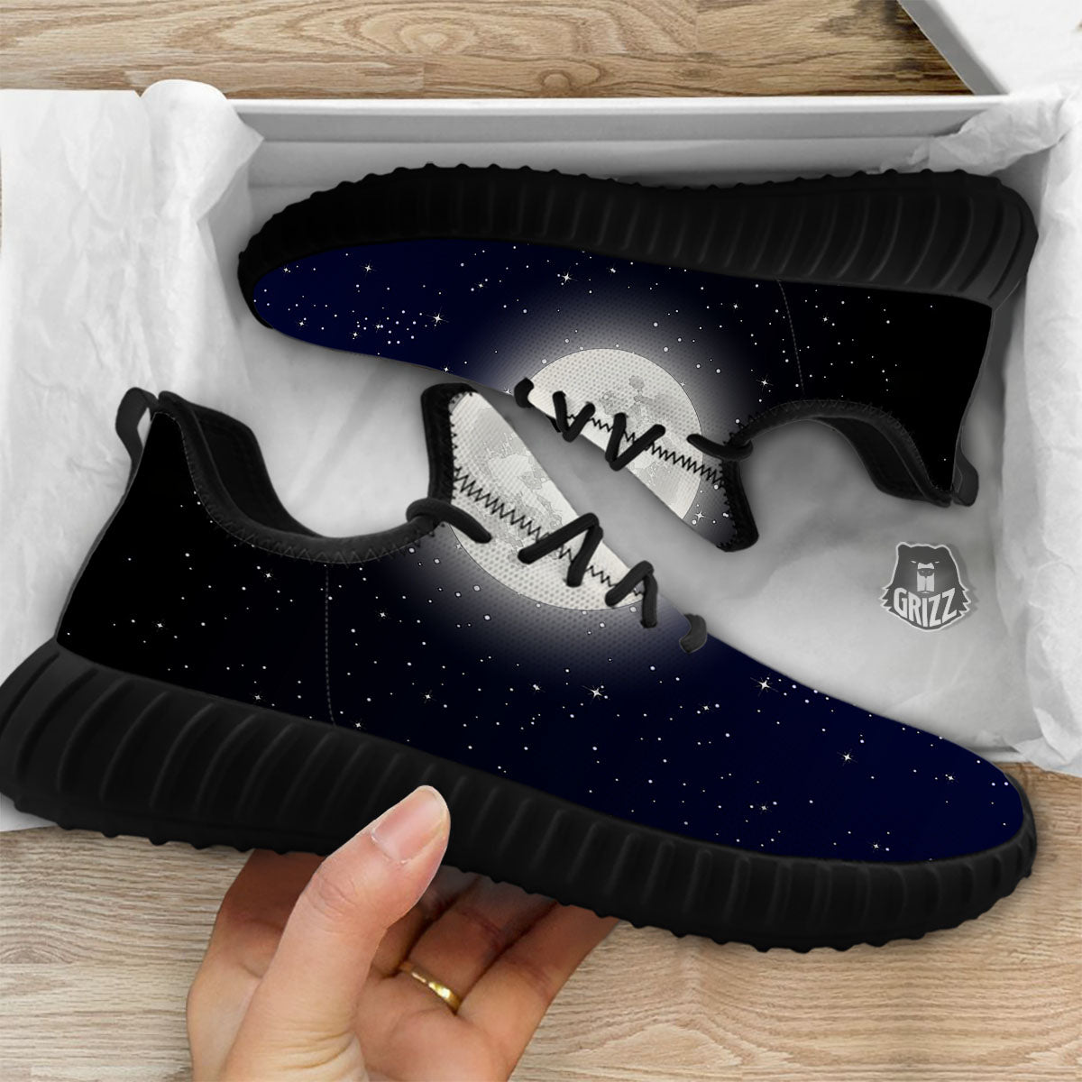 Full Moon And Night Stars Print Black Walking Shoes-grizzshop