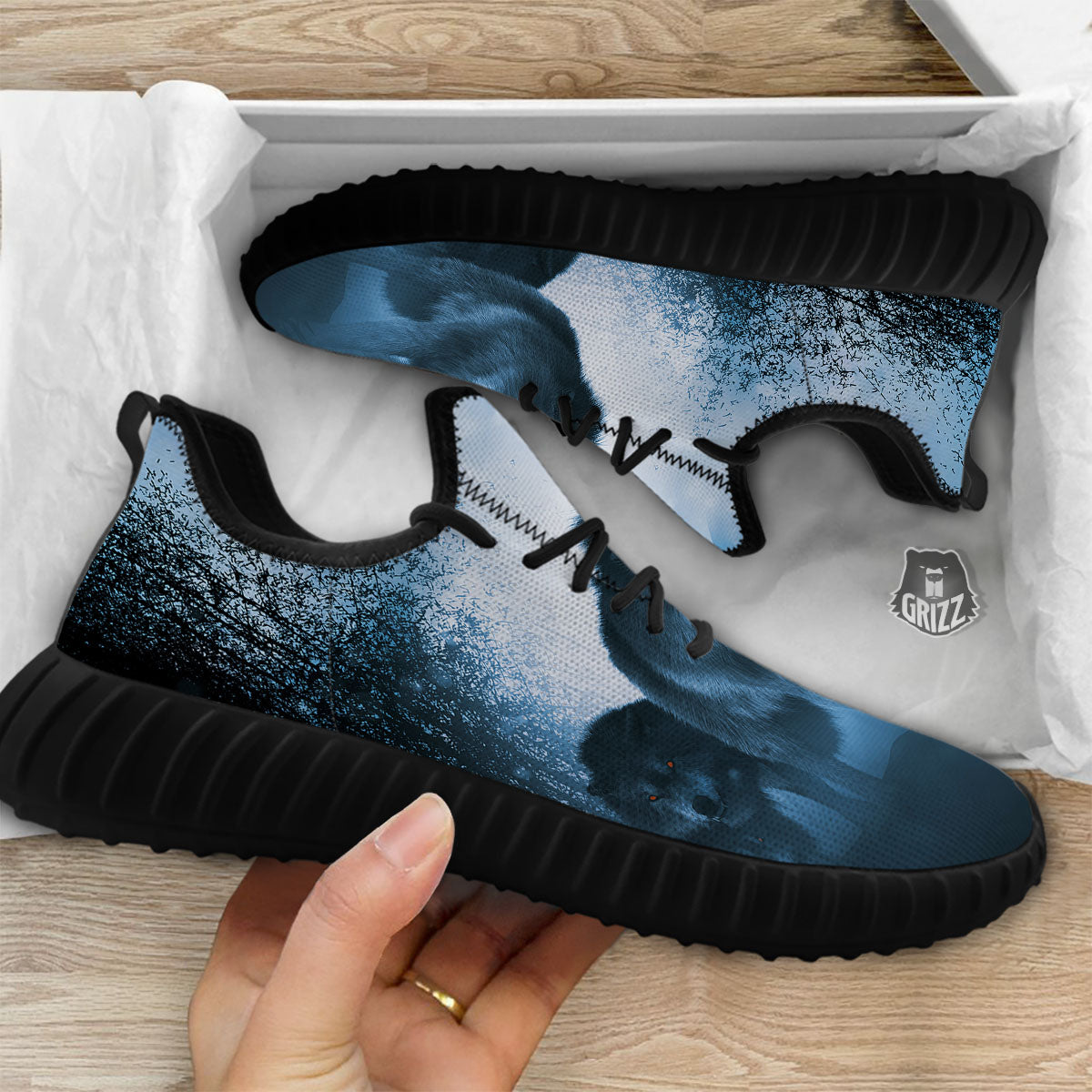 Full Moon And Wolf In The Forest Print Black Walking Shoes-grizzshop