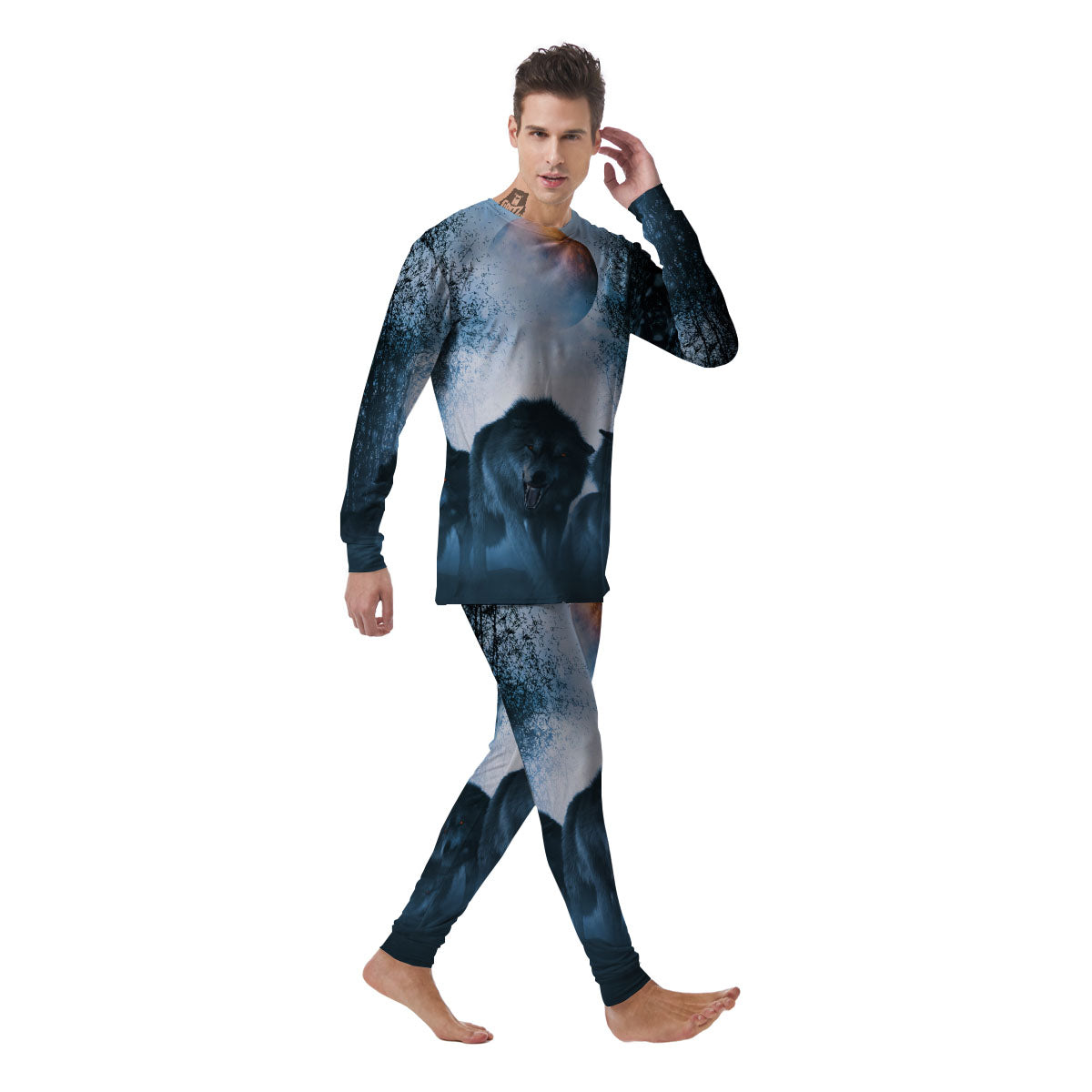 Full Moon And Wolf In The Forest Print Men's Pajamas-grizzshop