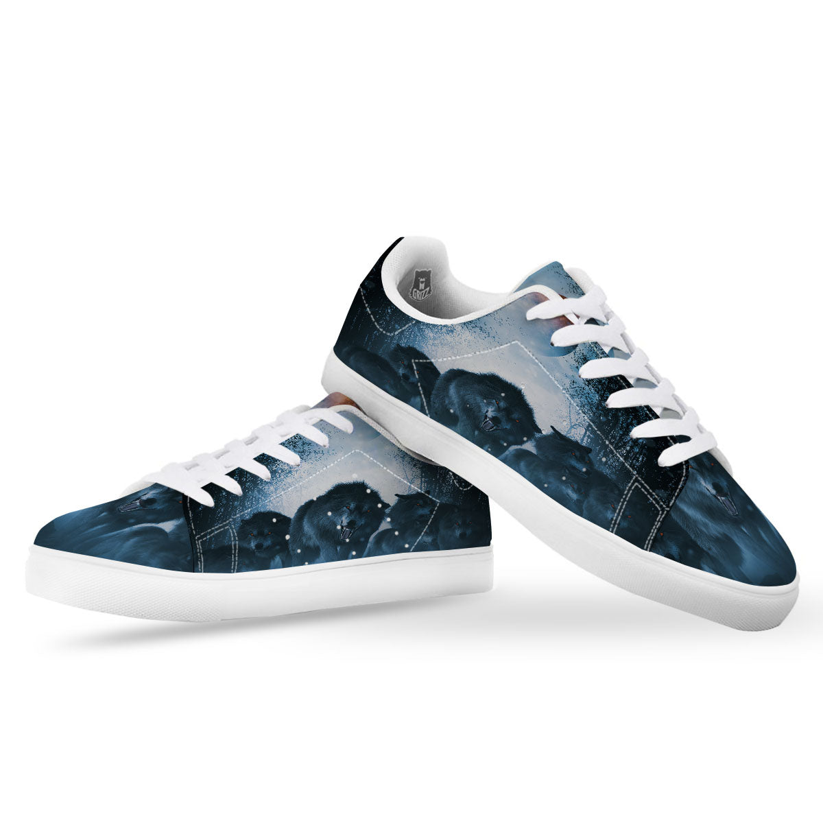 Full Moon And Wolf In The Forest Print White Low Top Sneakers-grizzshop