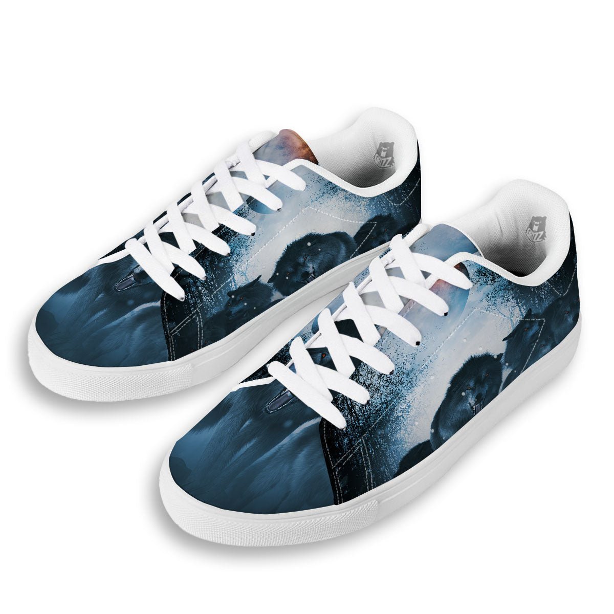 Full Moon And Wolf In The Forest Print White Low Top Sneakers-grizzshop