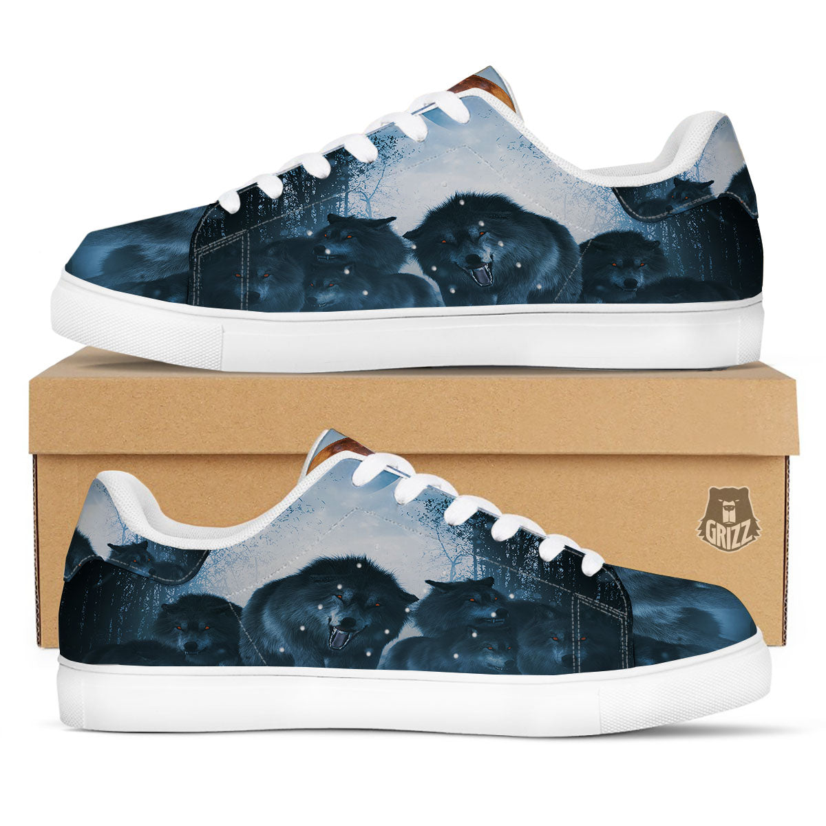 Full Moon And Wolf In The Forest Print White Low Top Sneakers-grizzshop