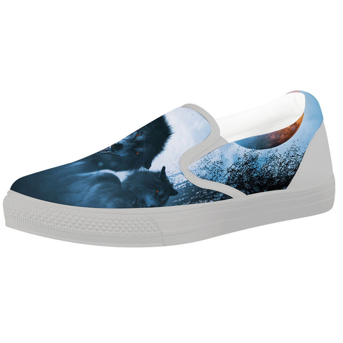 Full Moon And Wolf In The Forest Print White Slip On Shoes-grizzshop