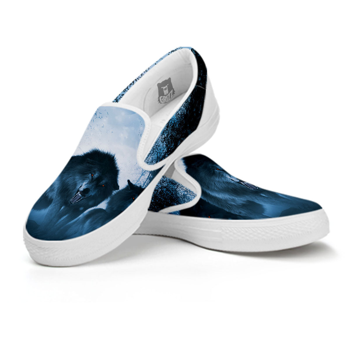 Full Moon And Wolf In The Forest Print White Slip On Shoes-grizzshop