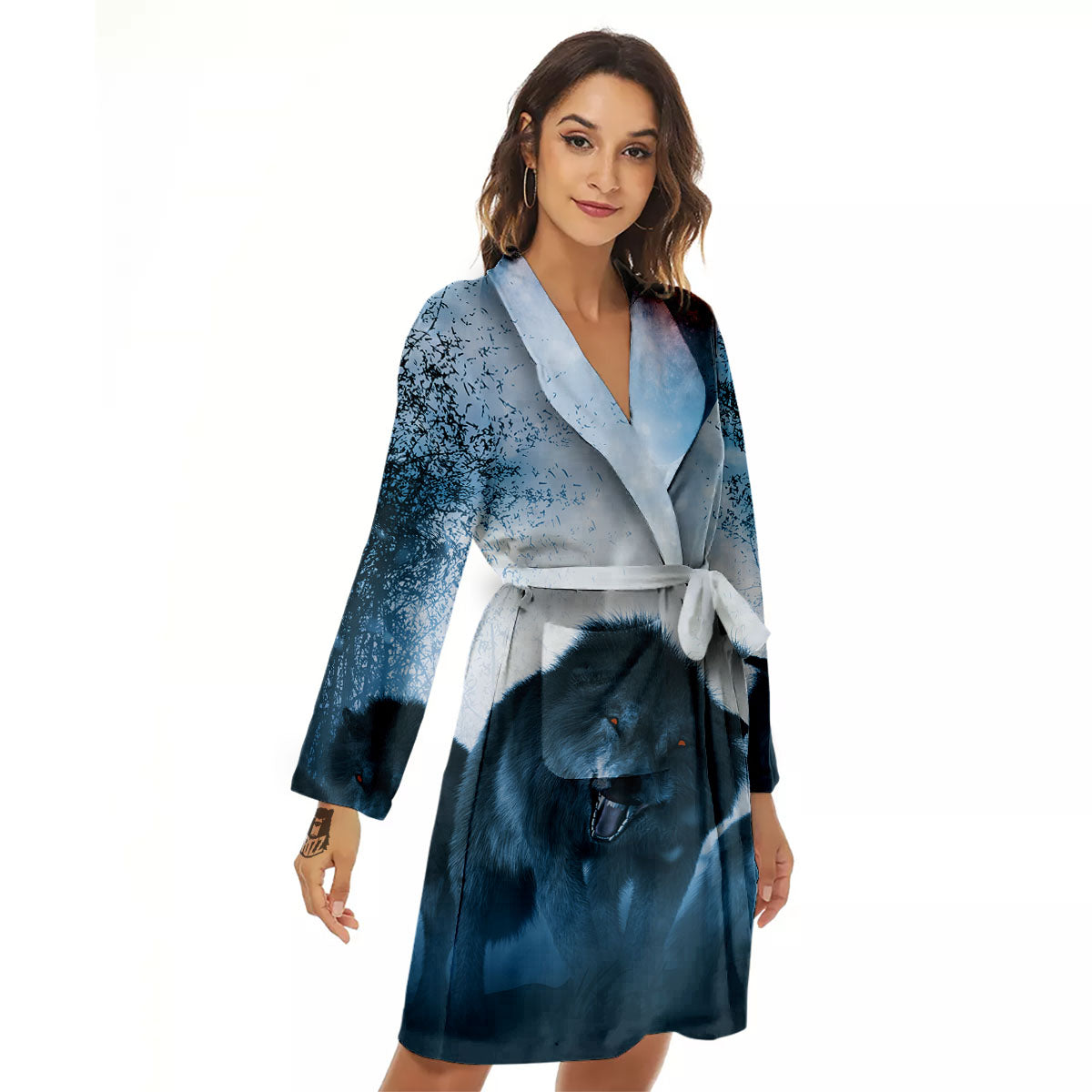 Full Moon And Wolf In The Forest Print Women's Robe-grizzshop