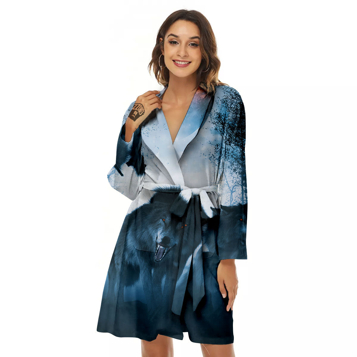 Full Moon And Wolf In The Forest Print Women's Robe-grizzshop