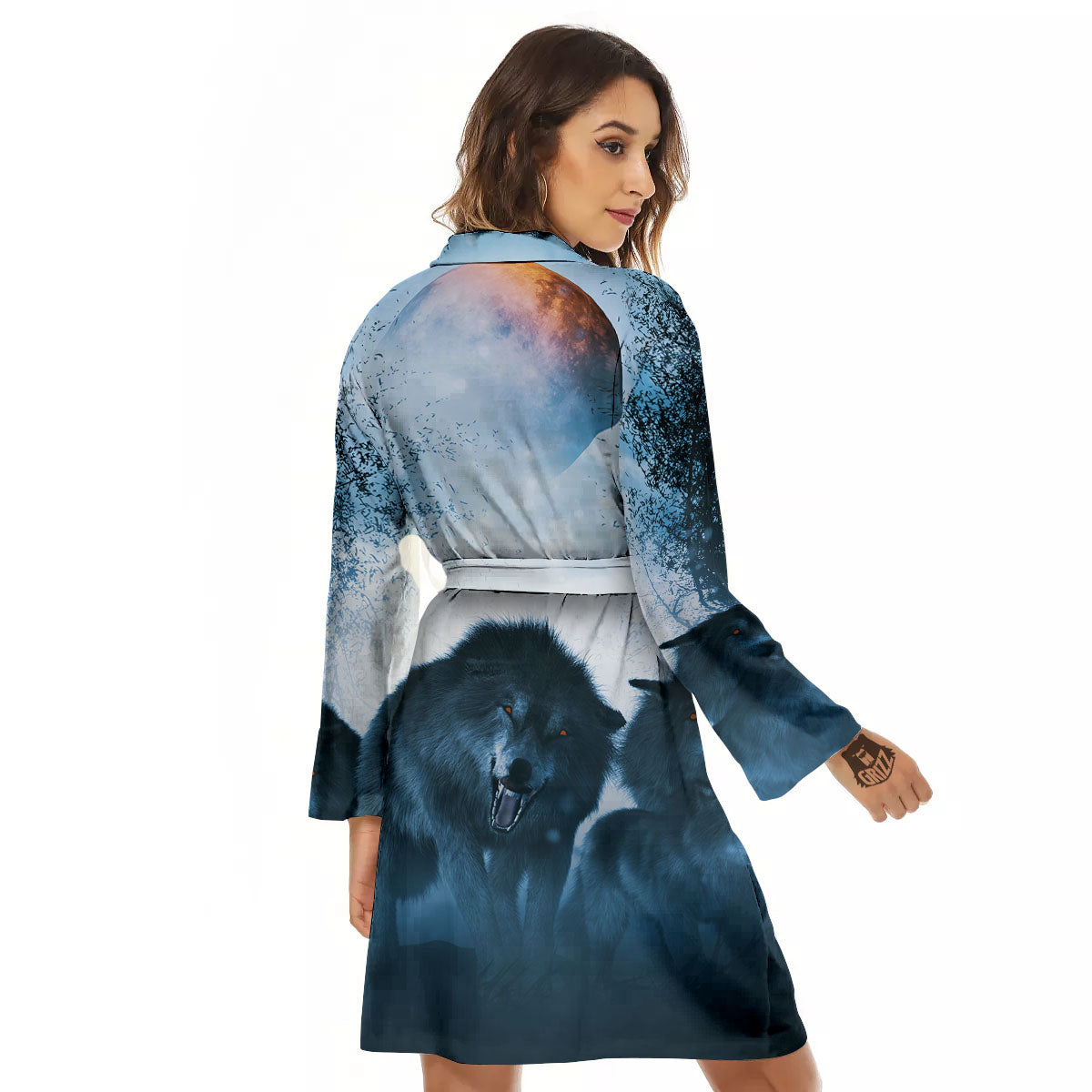 Full Moon And Wolf In The Forest Print Women's Robe-grizzshop