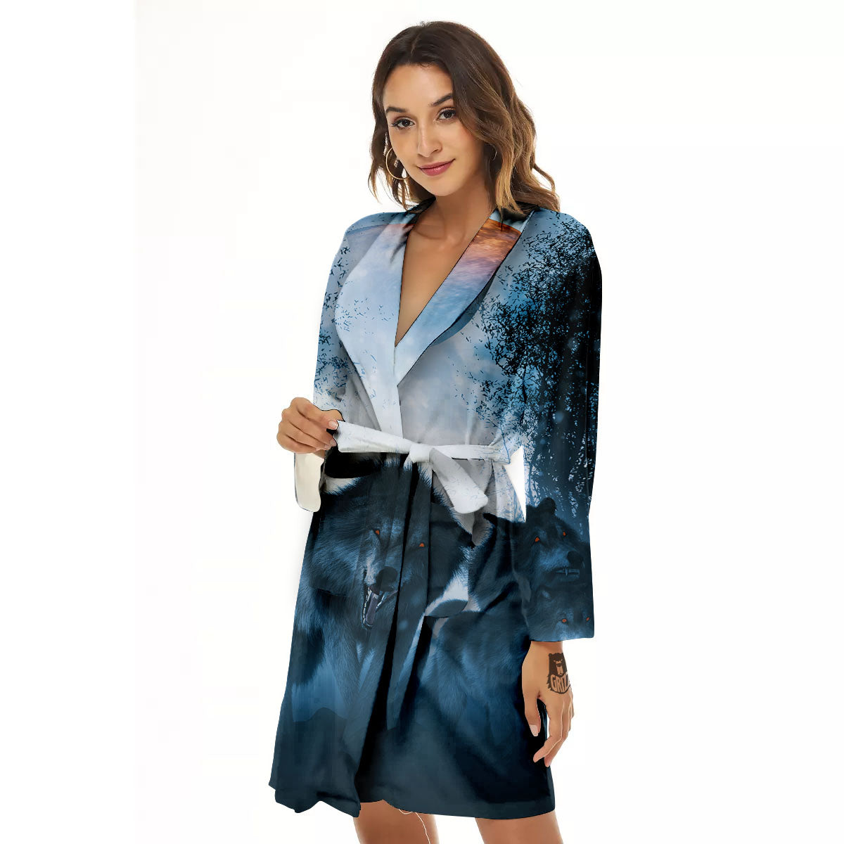 Full Moon And Wolf In The Forest Print Women's Robe-grizzshop