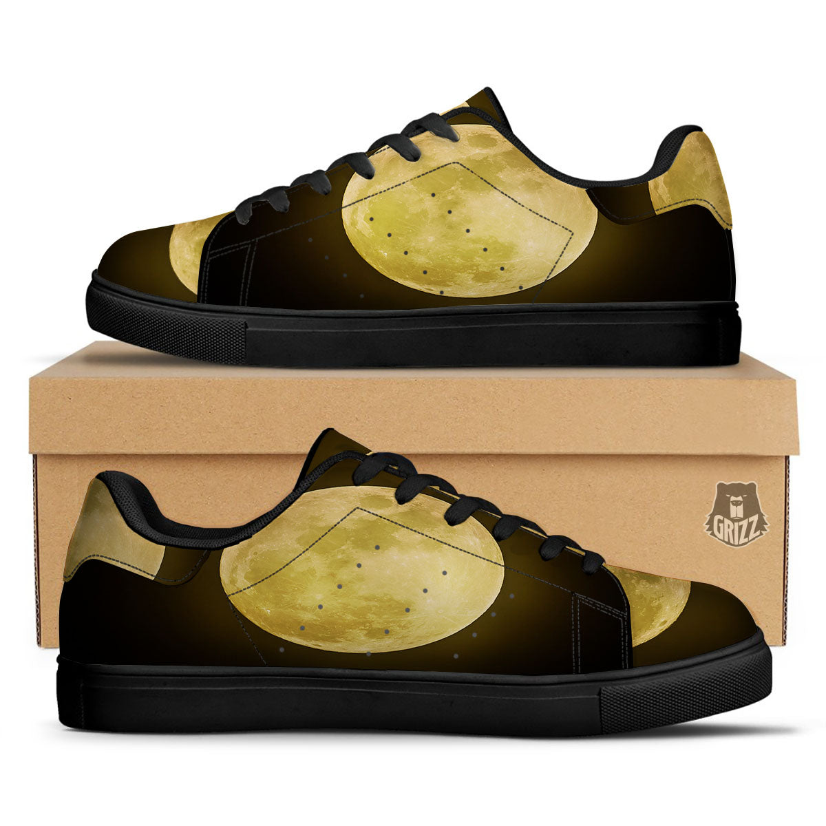 Full Moon Night Sky Print Black Low Top Sneakers-grizzshop