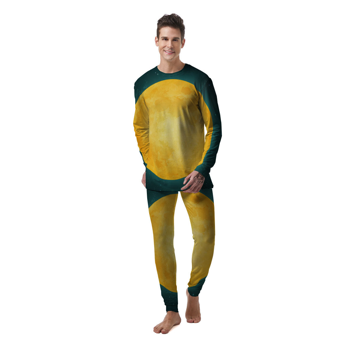 Full Moon Yellow Print Men's Pajamas-grizzshop