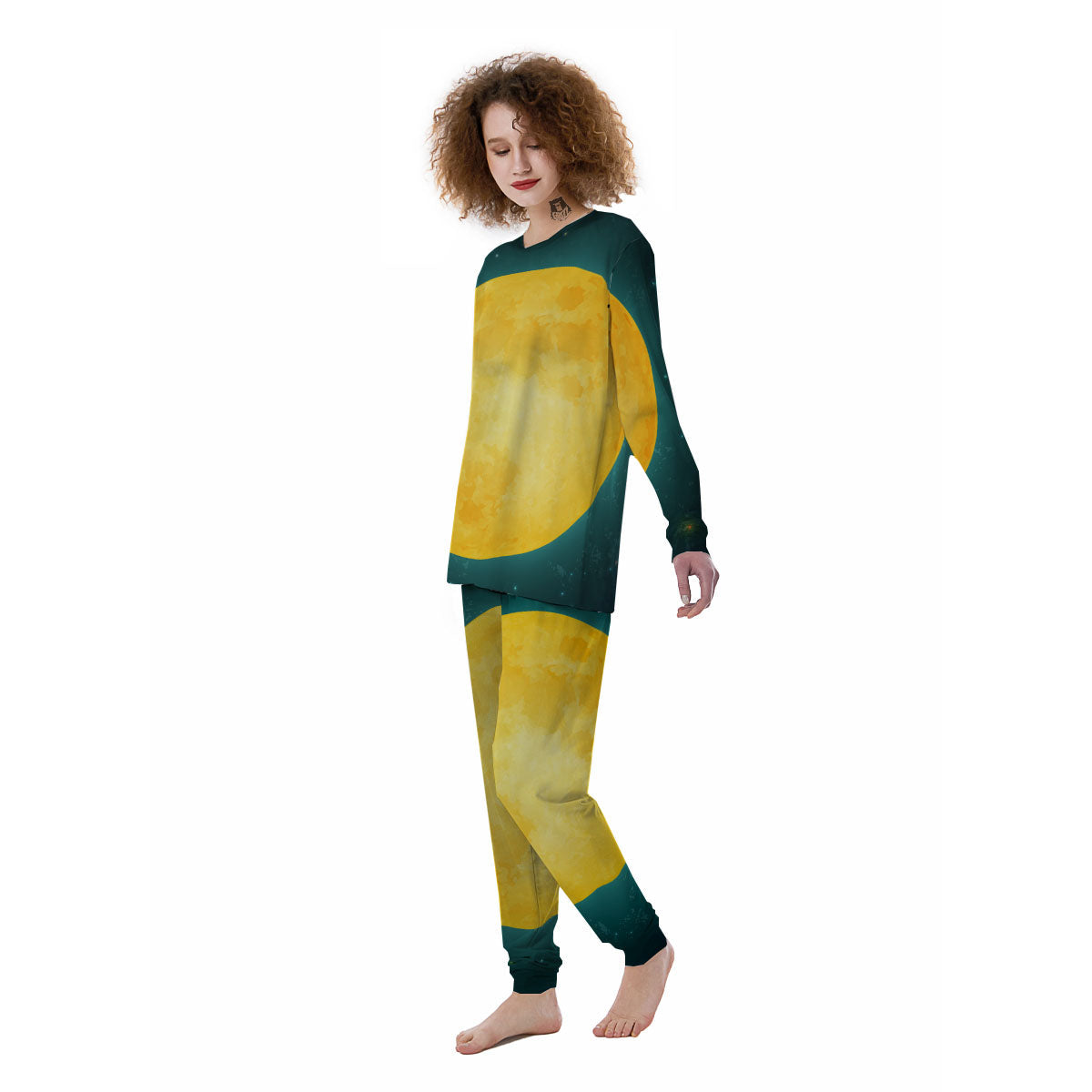 Full Moon Yellow Print Women's Pajamas-grizzshop