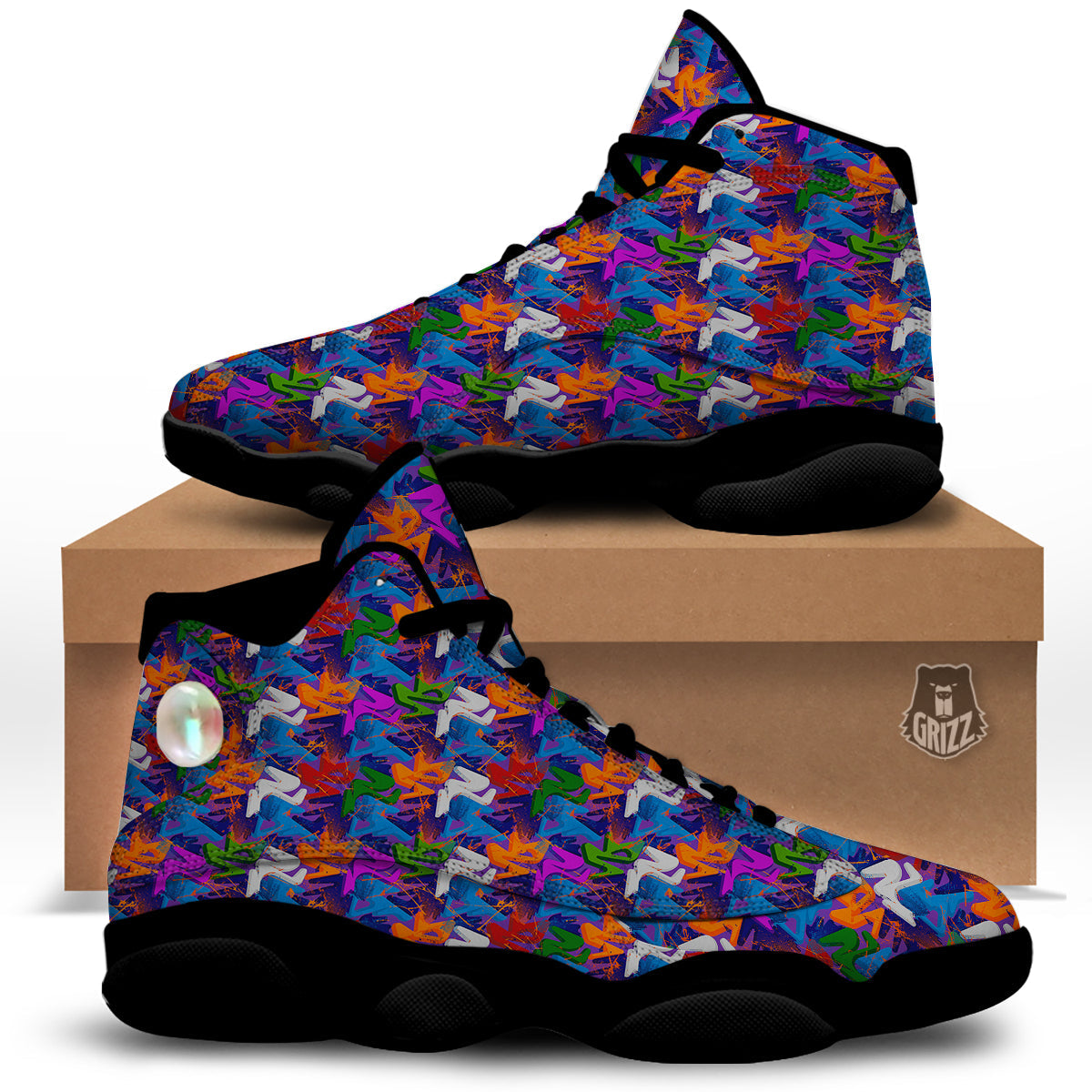 Funky Abstract Print Pattern Black Basketball Shoes-grizzshop