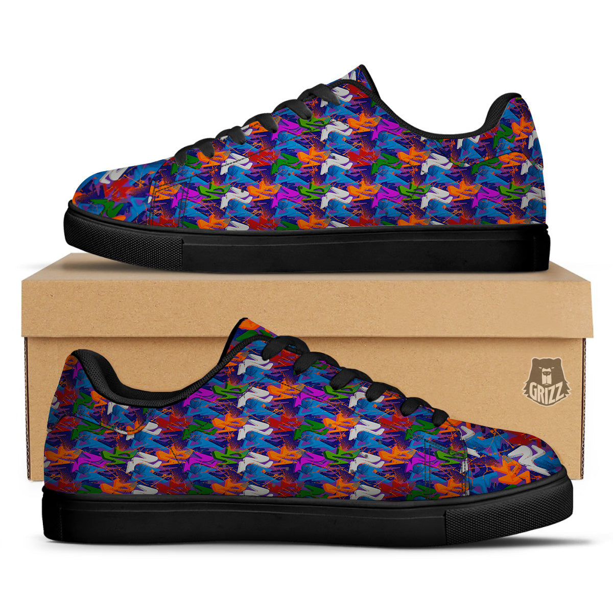 Funky Abstract Print Pattern Black Low Top Sneakers-grizzshop