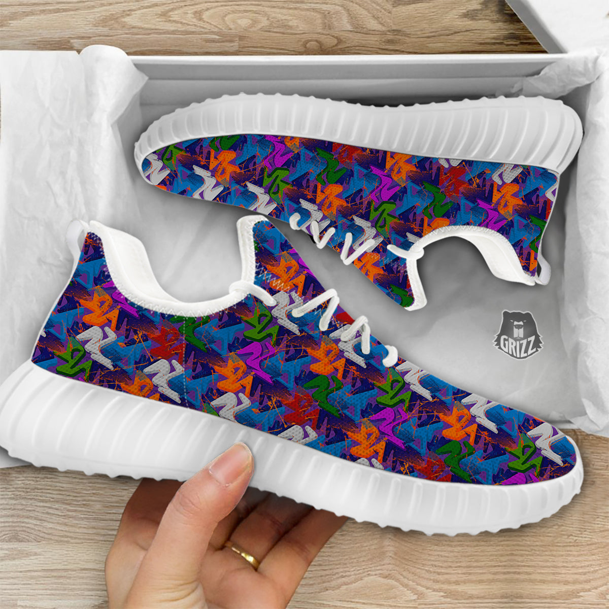 Funky Abstract Print Pattern White Walking Shoes-grizzshop