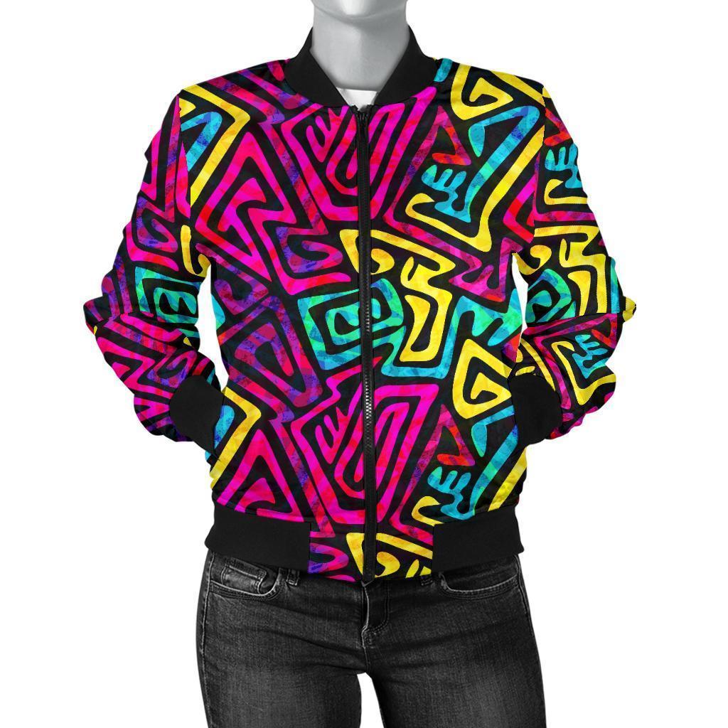 Funky Pattern Print Women Casual Bomber Jacket-grizzshop