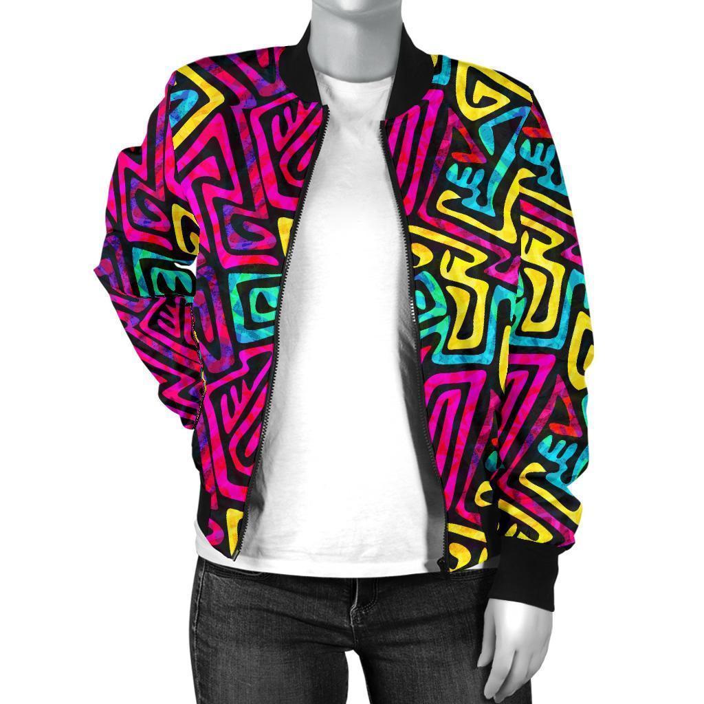 Funky Pattern Print Women Casual Bomber Jacket-grizzshop