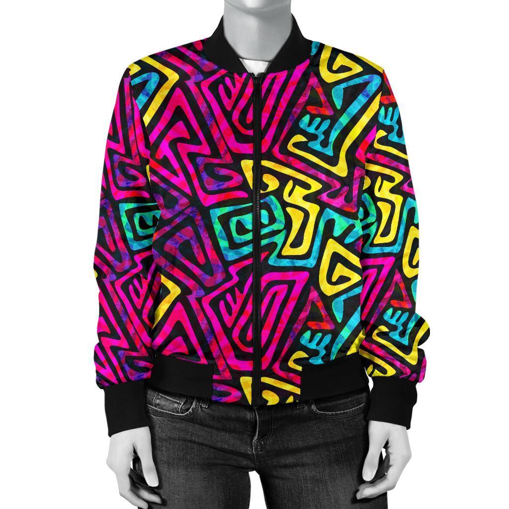 Funky Pattern Print Women Casual Bomber Jacket-grizzshop
