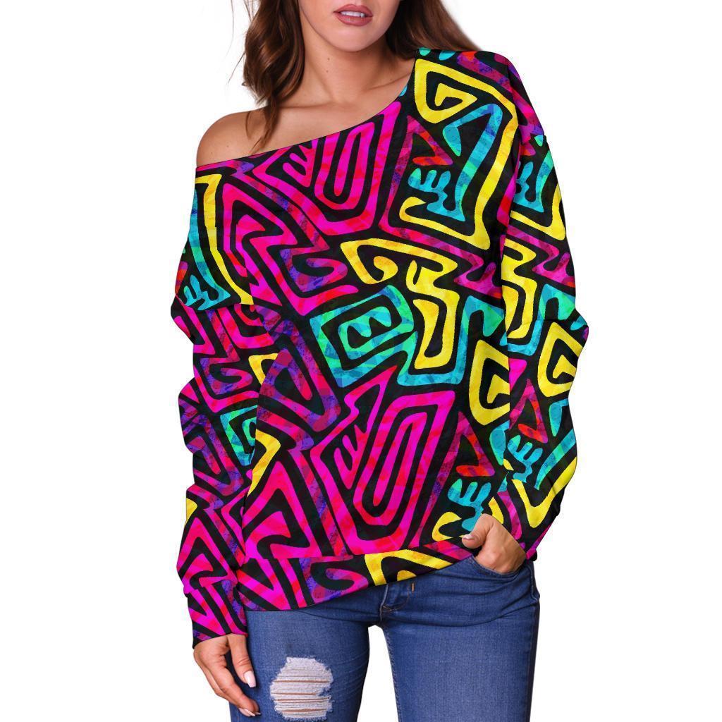 Funky Pattern Print Women Off Shoulder Sweatshirt-grizzshop