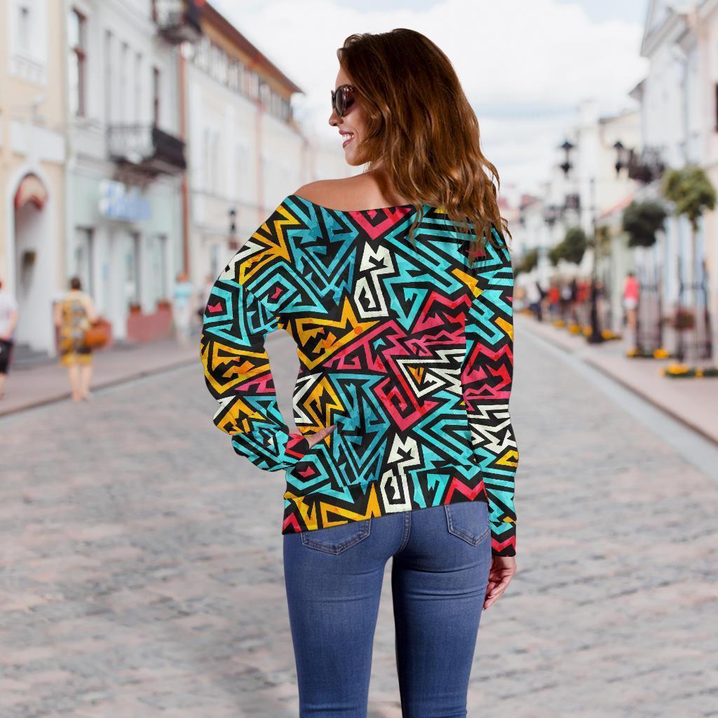 Funky Print Pattern Women Off Shoulder Sweatshirt-grizzshop