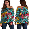 Funky Print Pattern Women Off Shoulder Sweatshirt-grizzshop