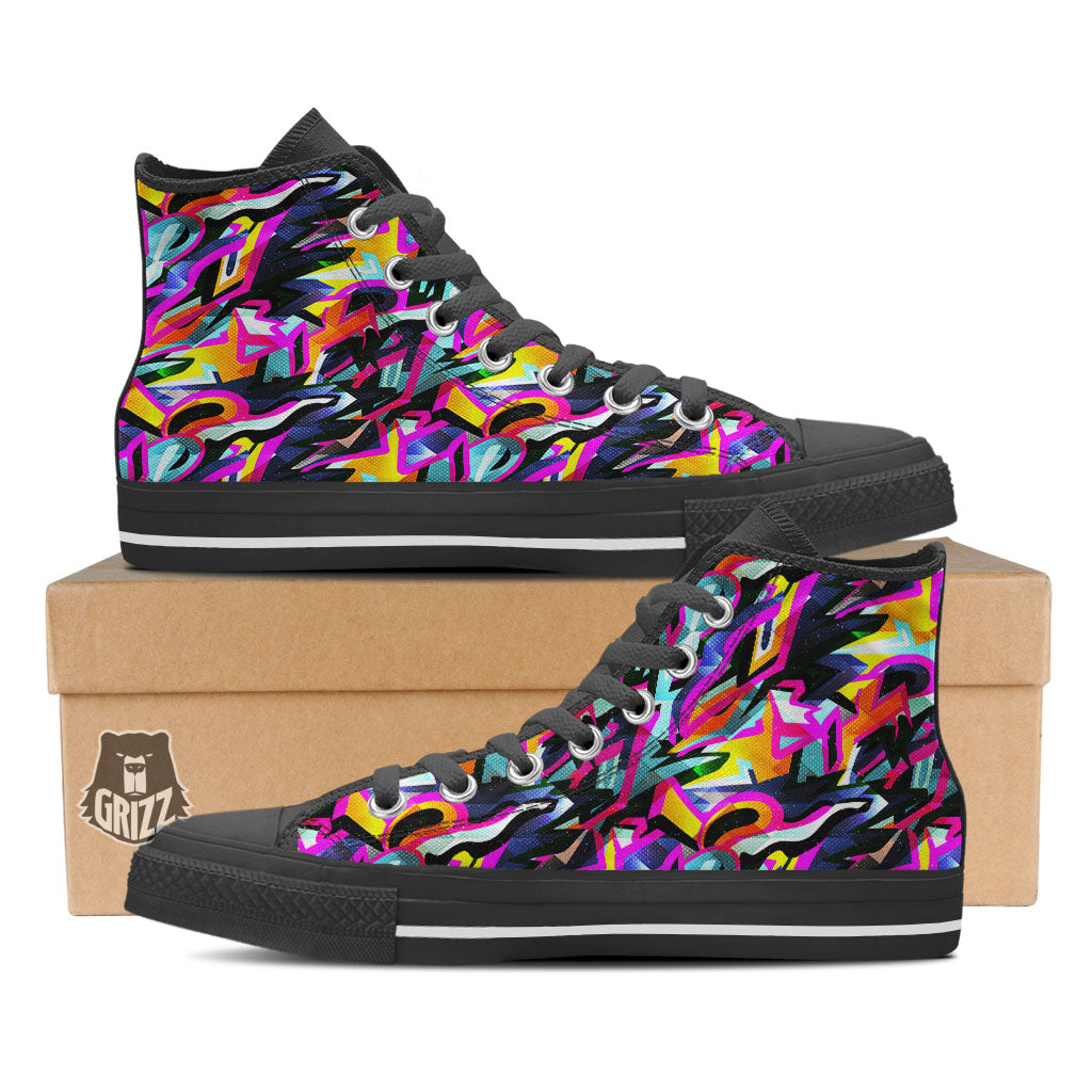 Funky Psychedelic Print Pattern Black High Top Shoes-grizzshop