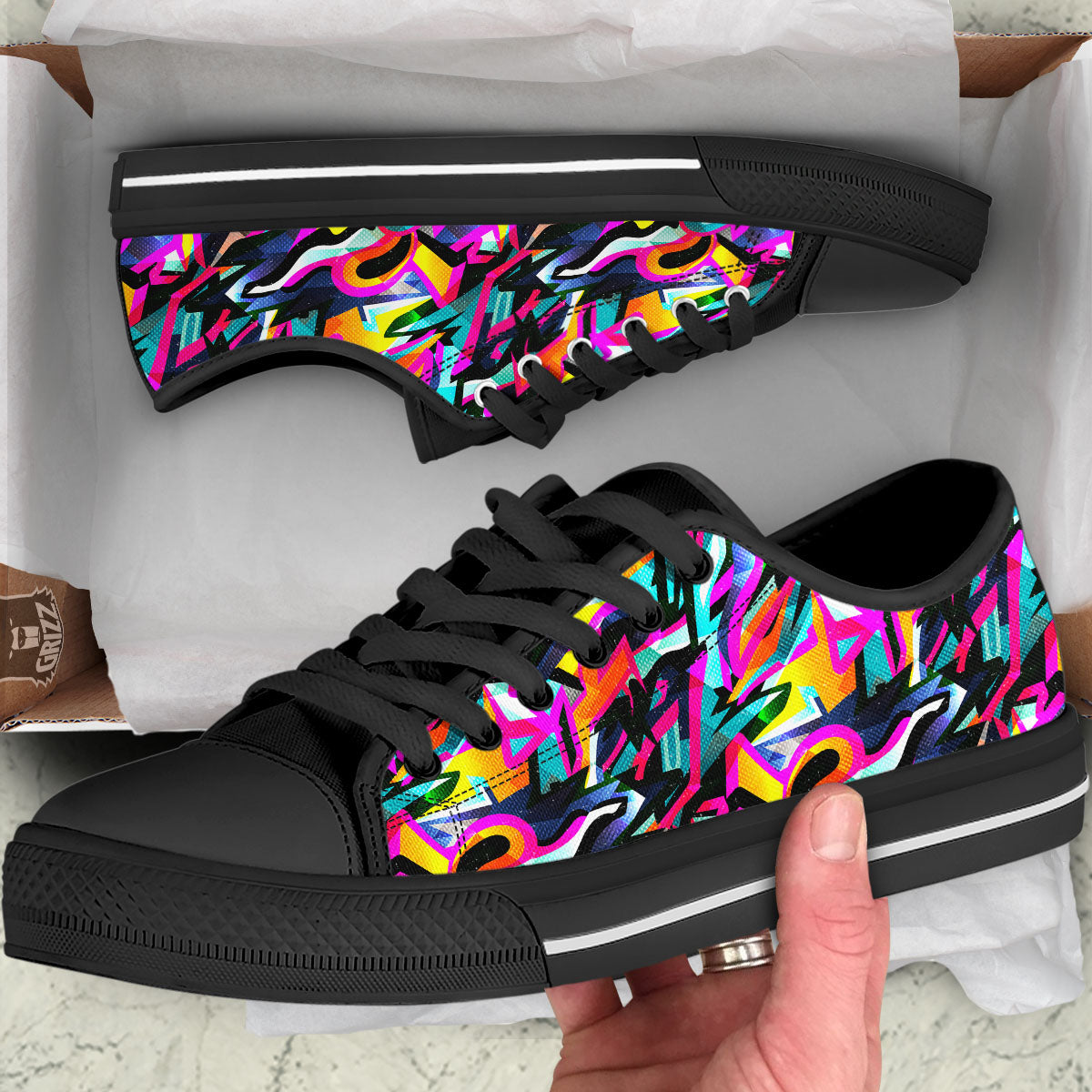 Funky Psychedelic Print Pattern Black Low Top Shoes-grizzshop