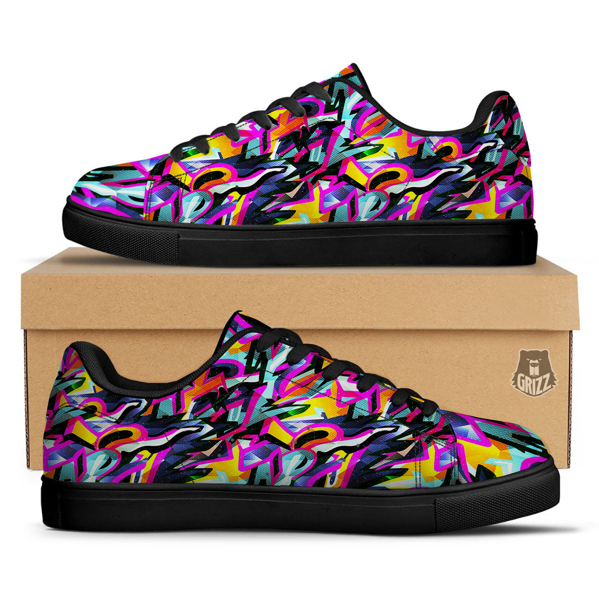 Funky Psychedelic Print Pattern Black Low Top Sneakers-grizzshop