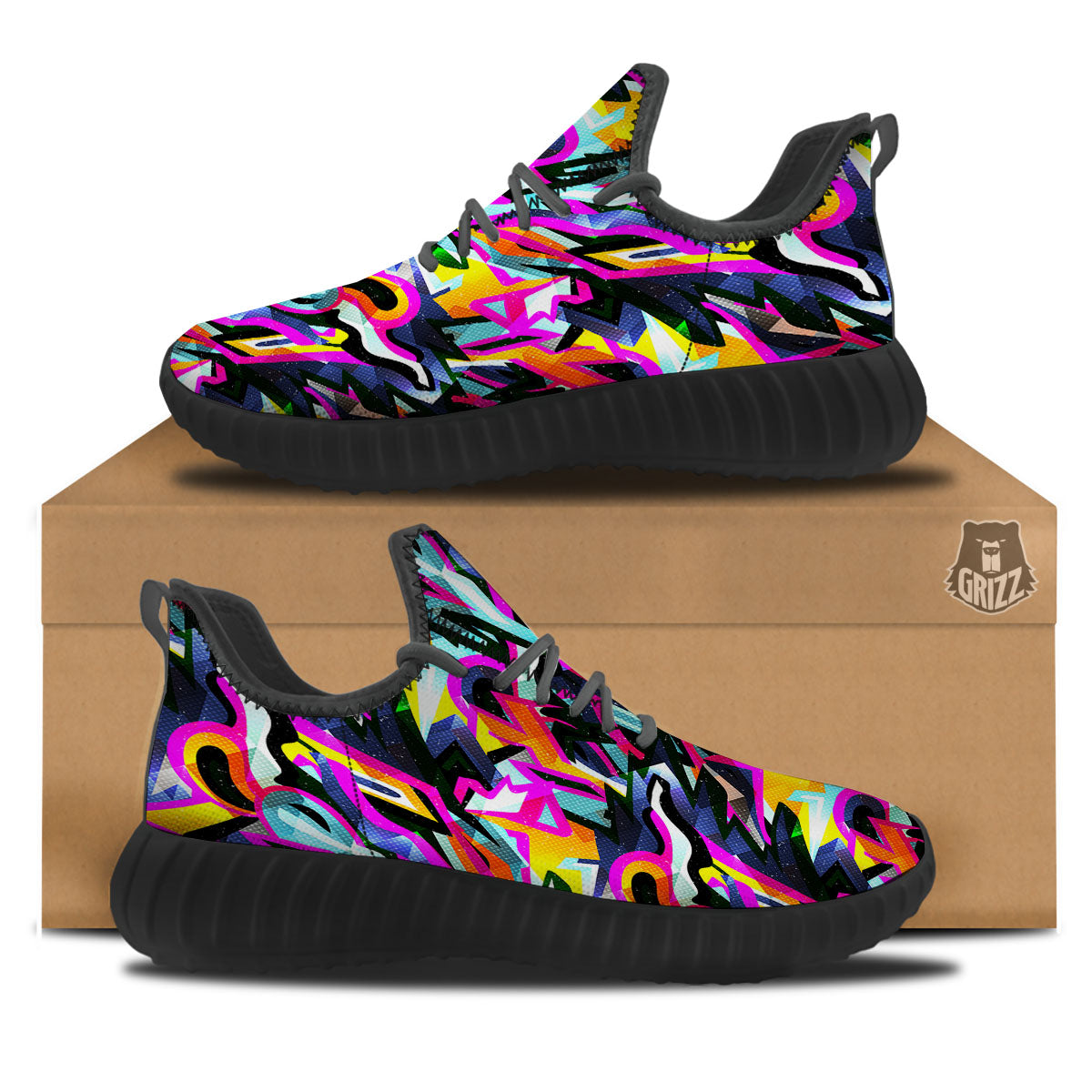 Funky Psychedelic Print Pattern Black Walking Shoes-grizzshop